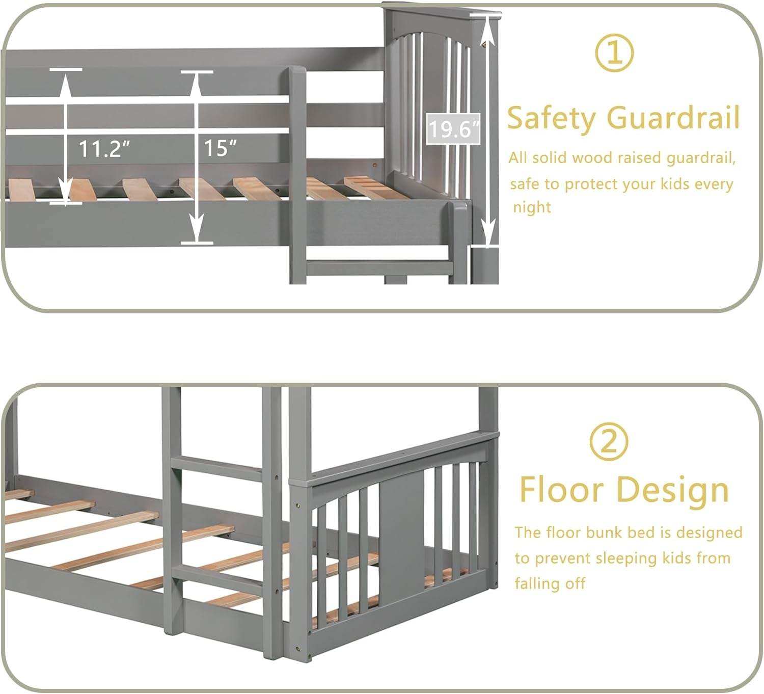 Montessori Floor Bunk Bed Twin over Twin, Twin Bunk Bed with Slide and Ladder, Kids Bunk Beds with Guardrail Headboard and Footboard, Low Bunk Beds for Kids, Boys, Girls, Twin Bunk Bed Gray - Loft&Timber