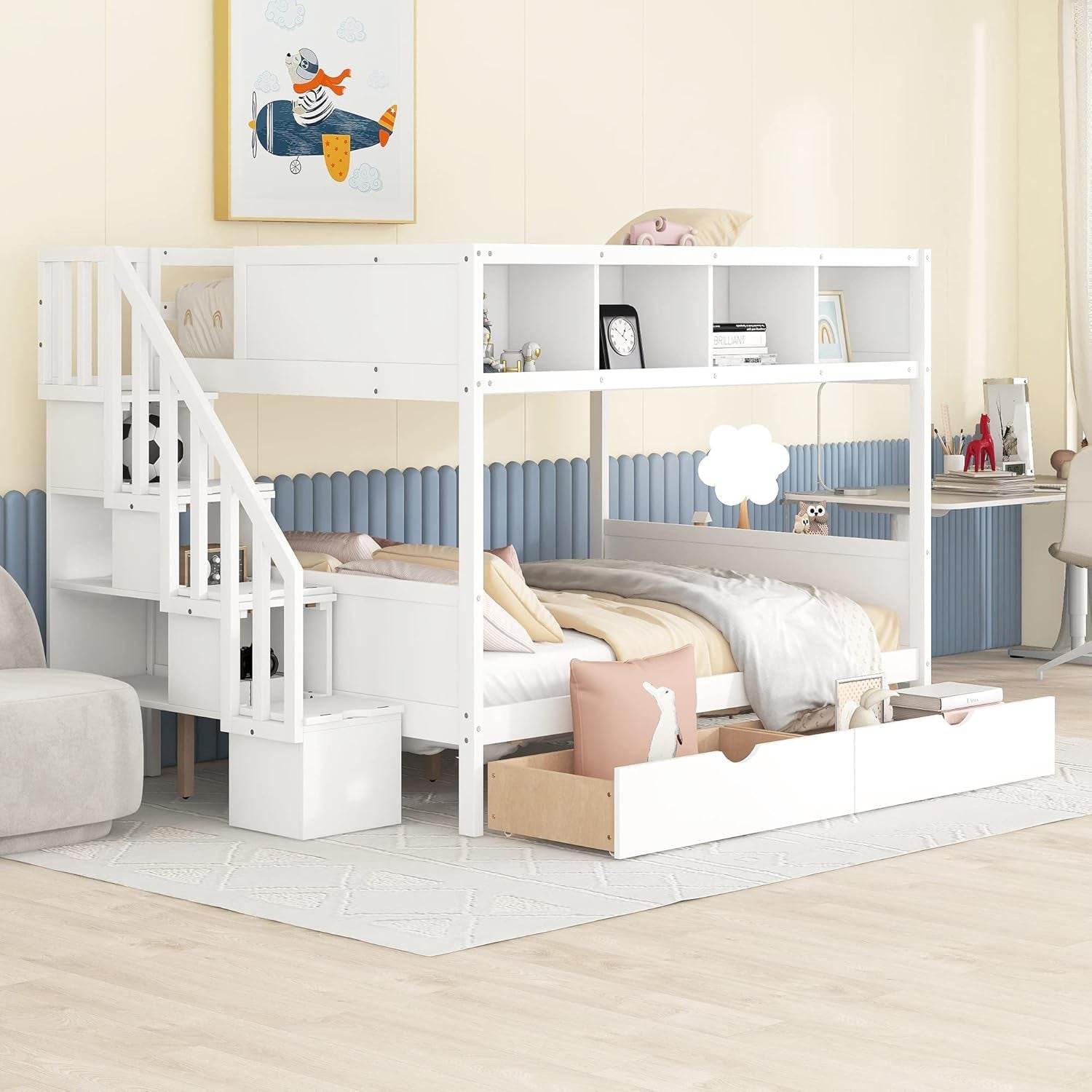 Twin over Full Bunk Bed with Storage Shelves, Stairs, Solid Wood Staiway Bunk Bed Frame with 2 Drawers, for Kids Teens Adults (White) - Loft&Timber