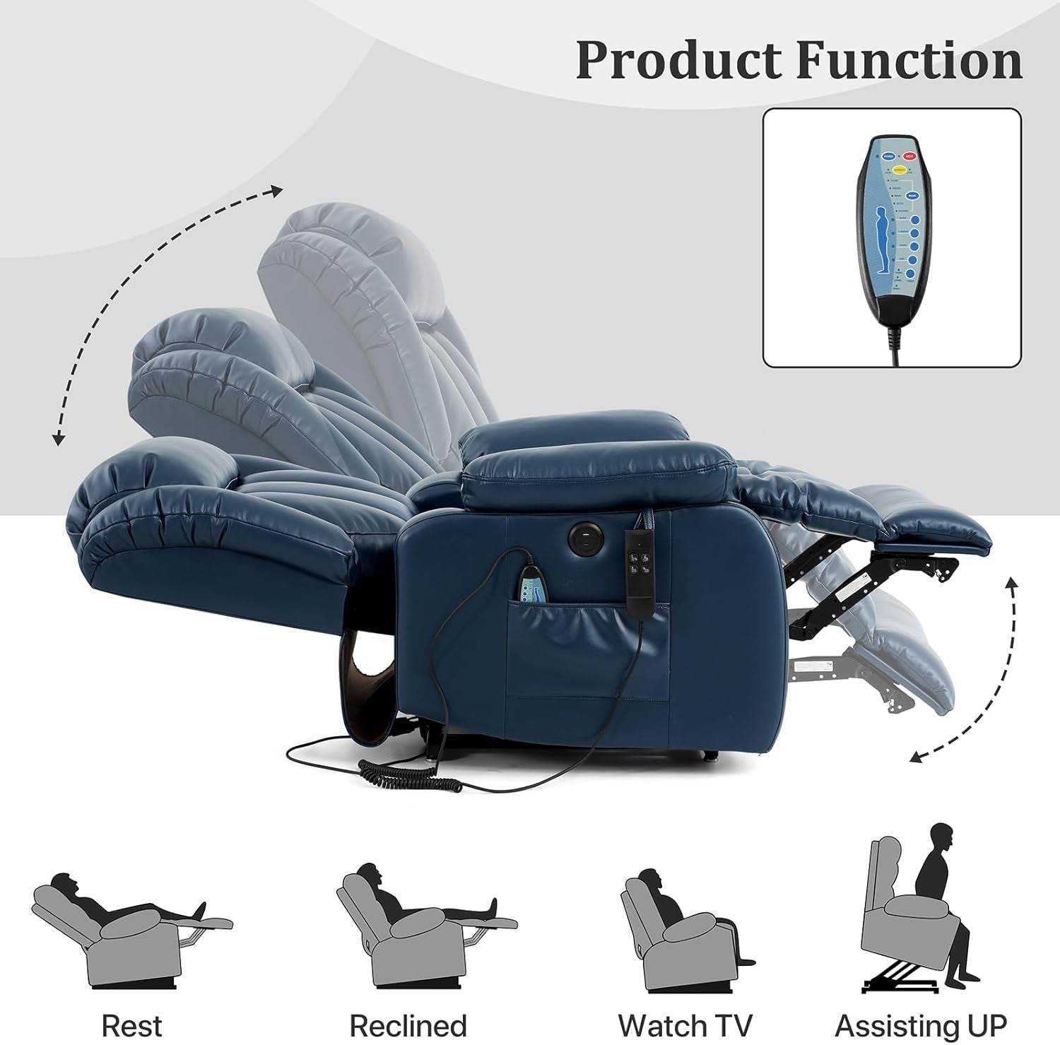 Dual Motor Large Power Lift Recliner Chair Recliners for Elderly, Infinite Position Recliner Chair with Heat and Massage, Breathable Leather(Dark Blue) - Loft&Timber