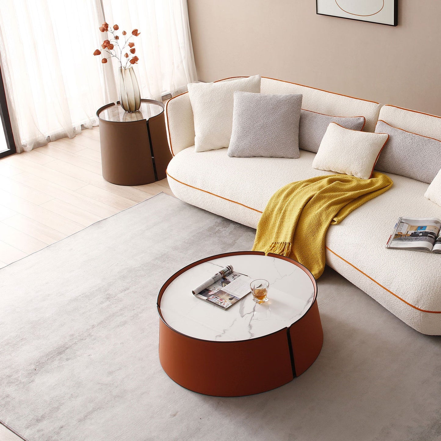 31.5" Coffee Table, Marble Top and Orange Saddle Leather Body - Loft&Timber