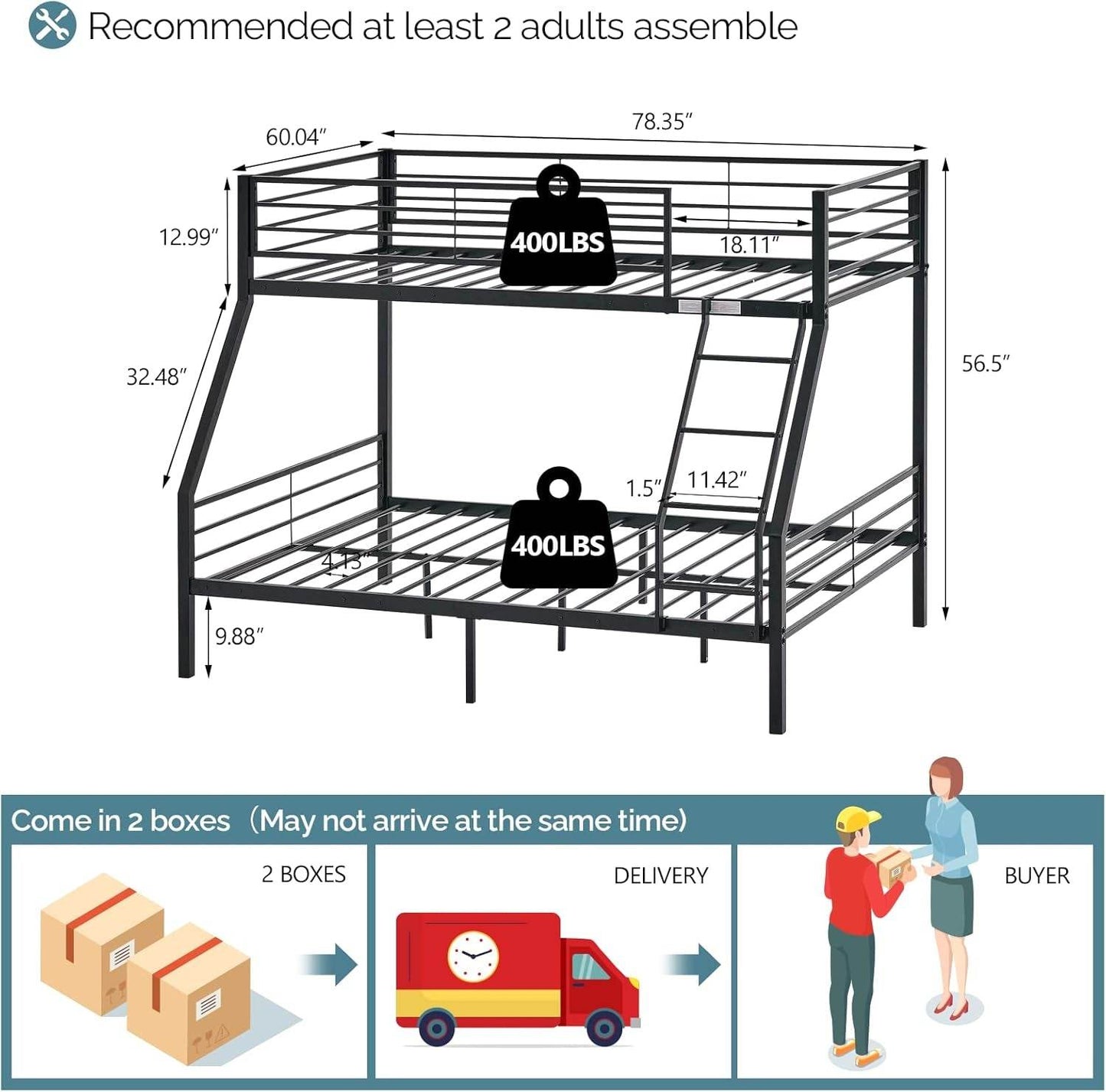 Bunk Beds Twin over Full Size for Kids Teens Adults/Flat Steps/Heavy Duty Metal Slat, Black - Loft&Timber