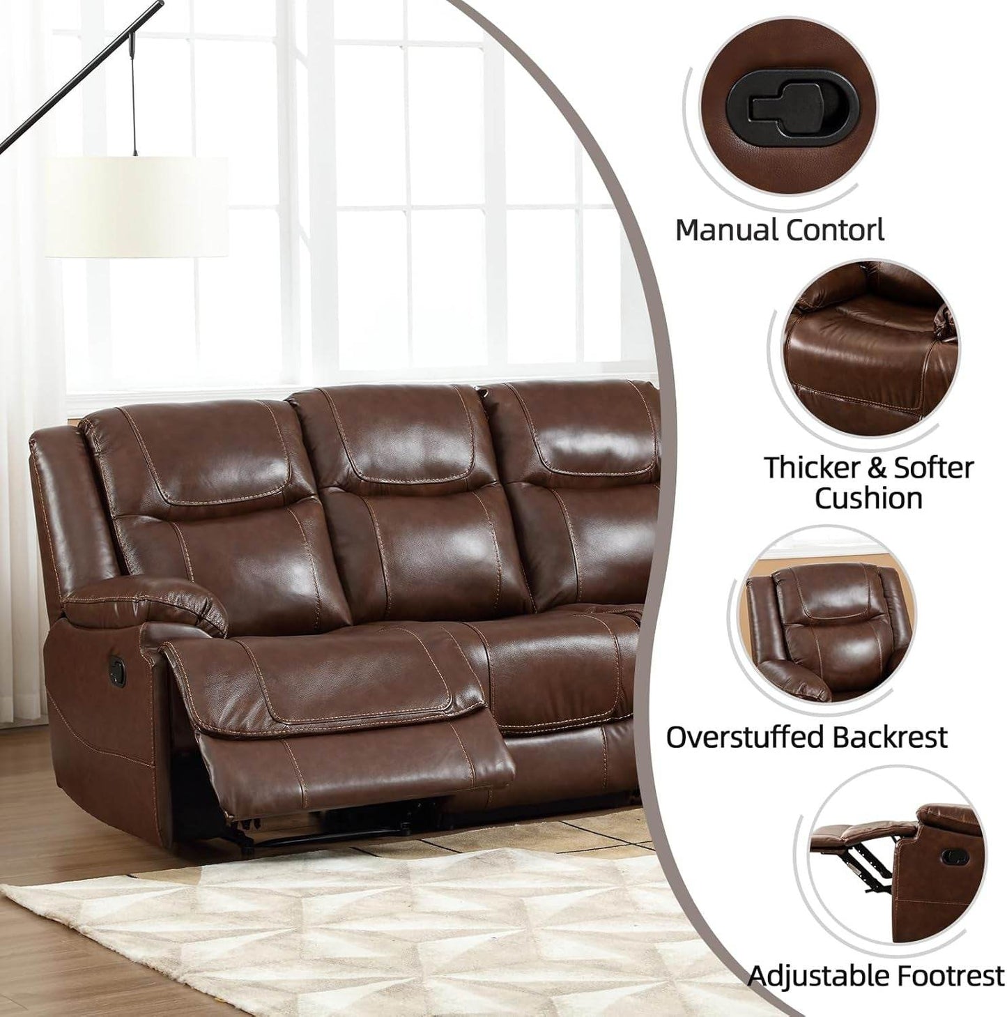 Genuine Leather Manual Recliner Sofa Set, Recliner Chair, Loveseat Reclining Sofa and 3 Seat Recliner Sofa, Couch Furniture Set for Living Room, Meeting Room, Brown(Recliner+Loveseat+Sofa) - Loft&Timber