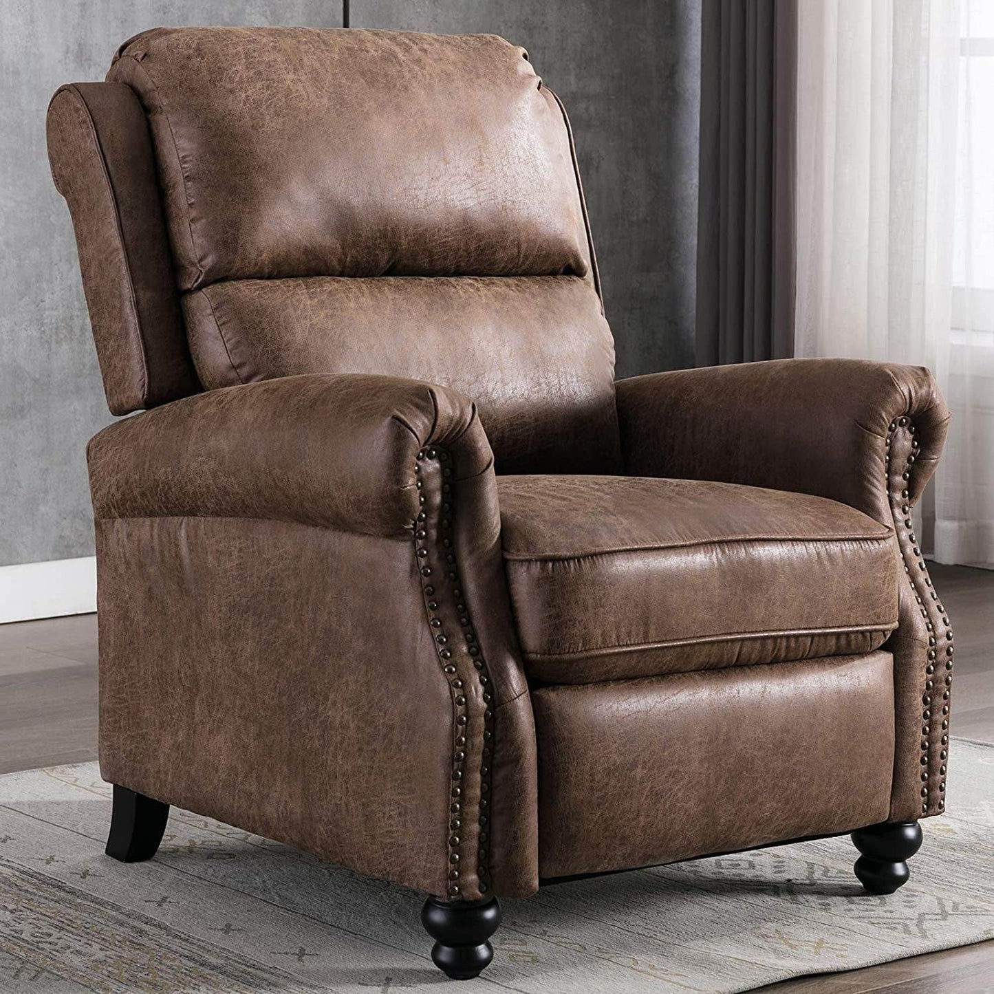 Pushback Recliner Chair, Leather, Rivet Decoration, Chocolate - Loft&Timber