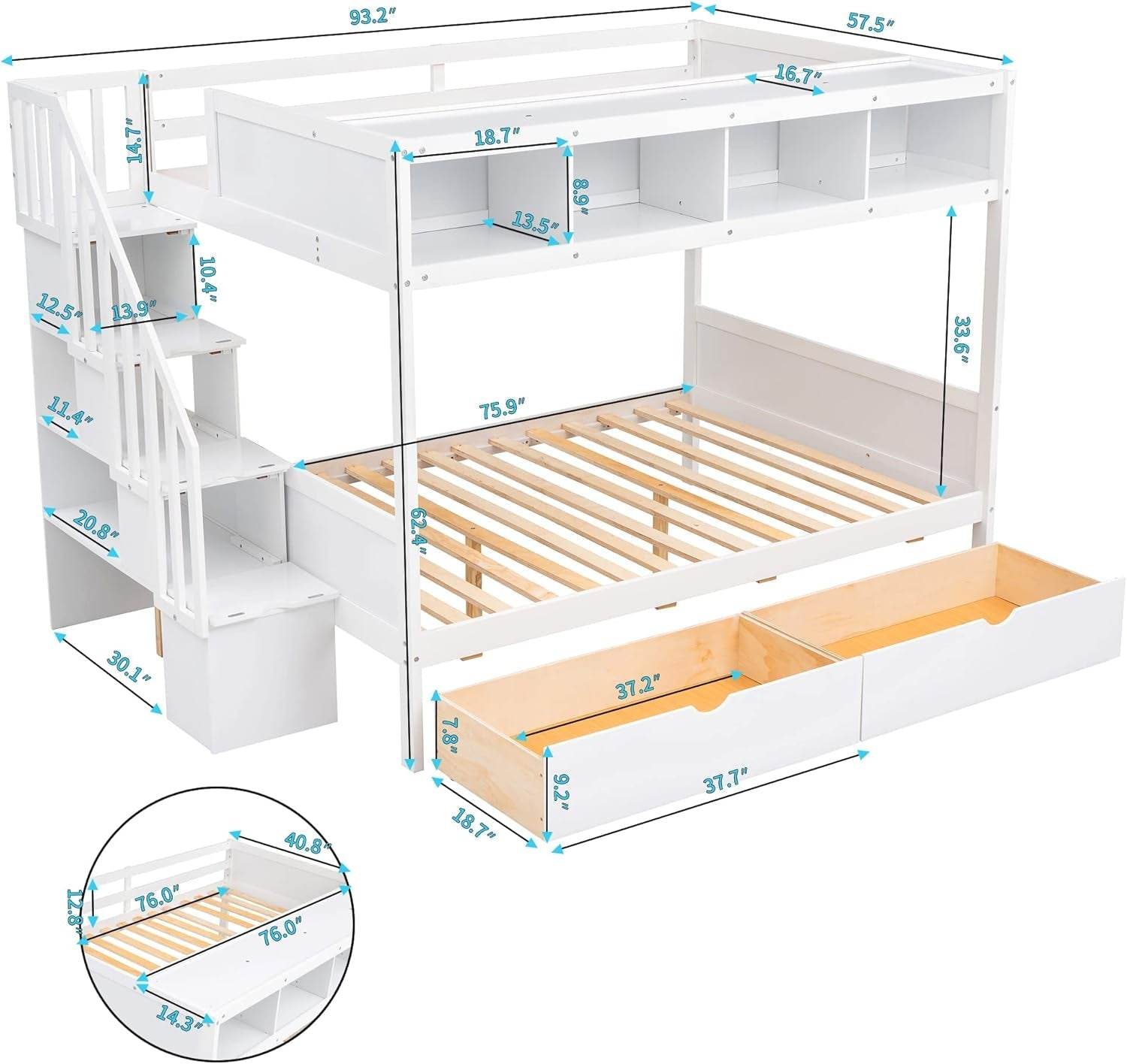 Twin over Full Bunk Bed with Storage Shelves, Stairs, Solid Wood Staiway Bunk Bed Frame with 2 Drawers, for Kids Teens Adults (White) - Loft&Timber