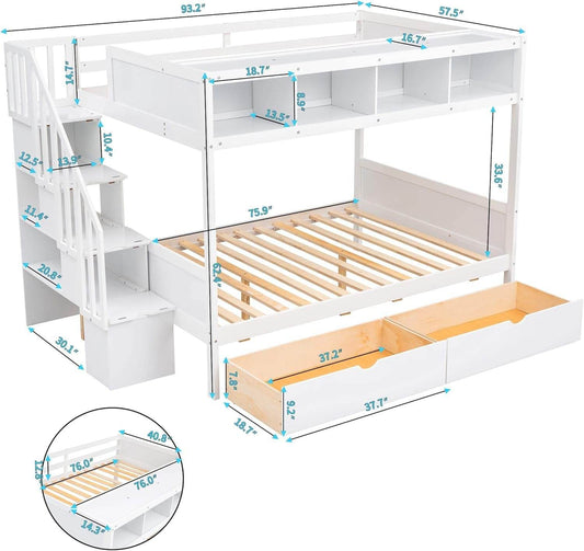 Twin over Full Bunk Bed with Storage Shelves, Stairs, Solid Wood Staiway Bunk Bed Frame with 2 Drawers, for Kids Teens Adults (White) - Loft&Timber