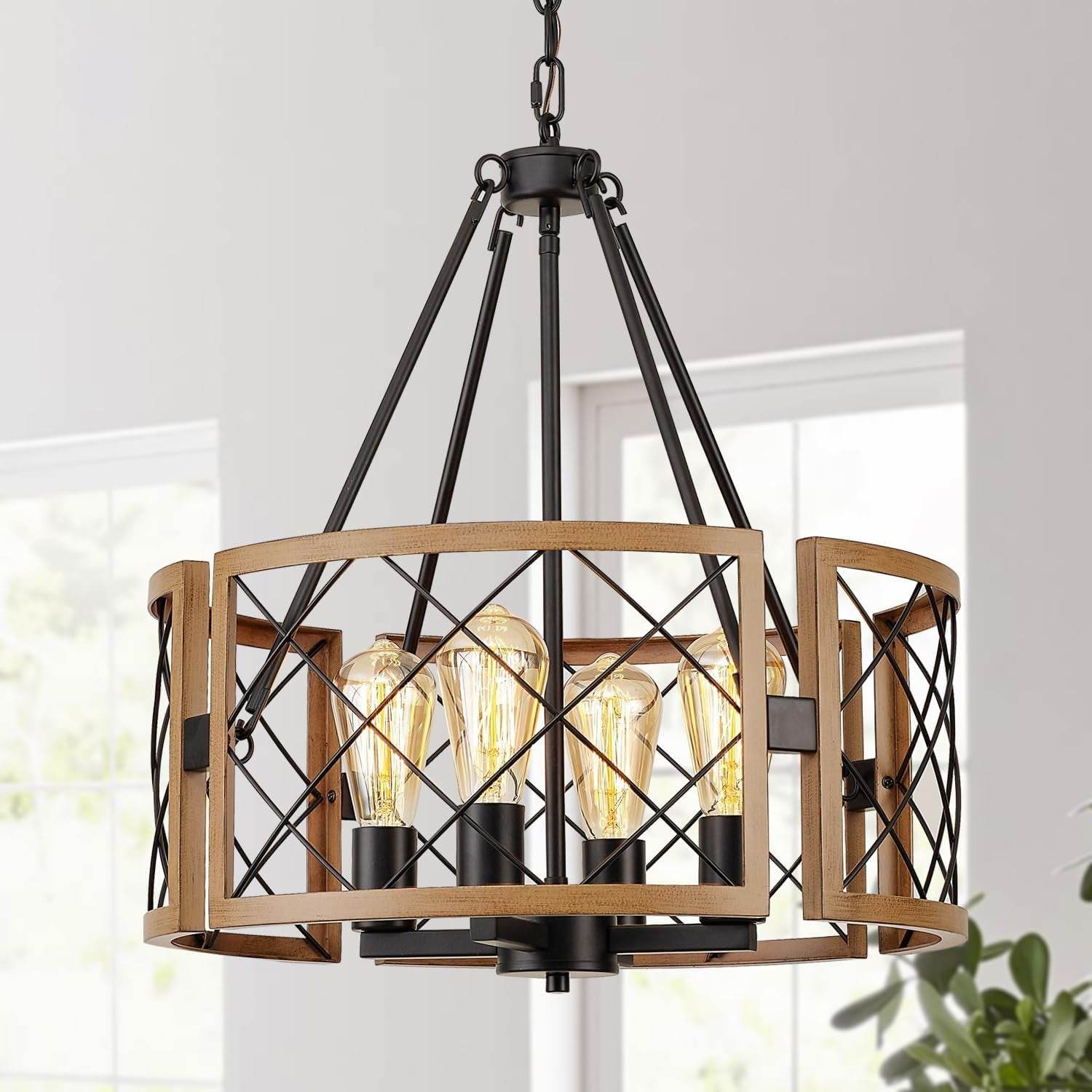 D19'' Farmhouse Chandelier for Dining Room, 4-Light Adjustable Kitchen Island Lighting, Vintage Hanging Pendant Light Fixtures for Entryway Foyer Bedroom Hallway, Black & Dark Oak - Loft&Timber