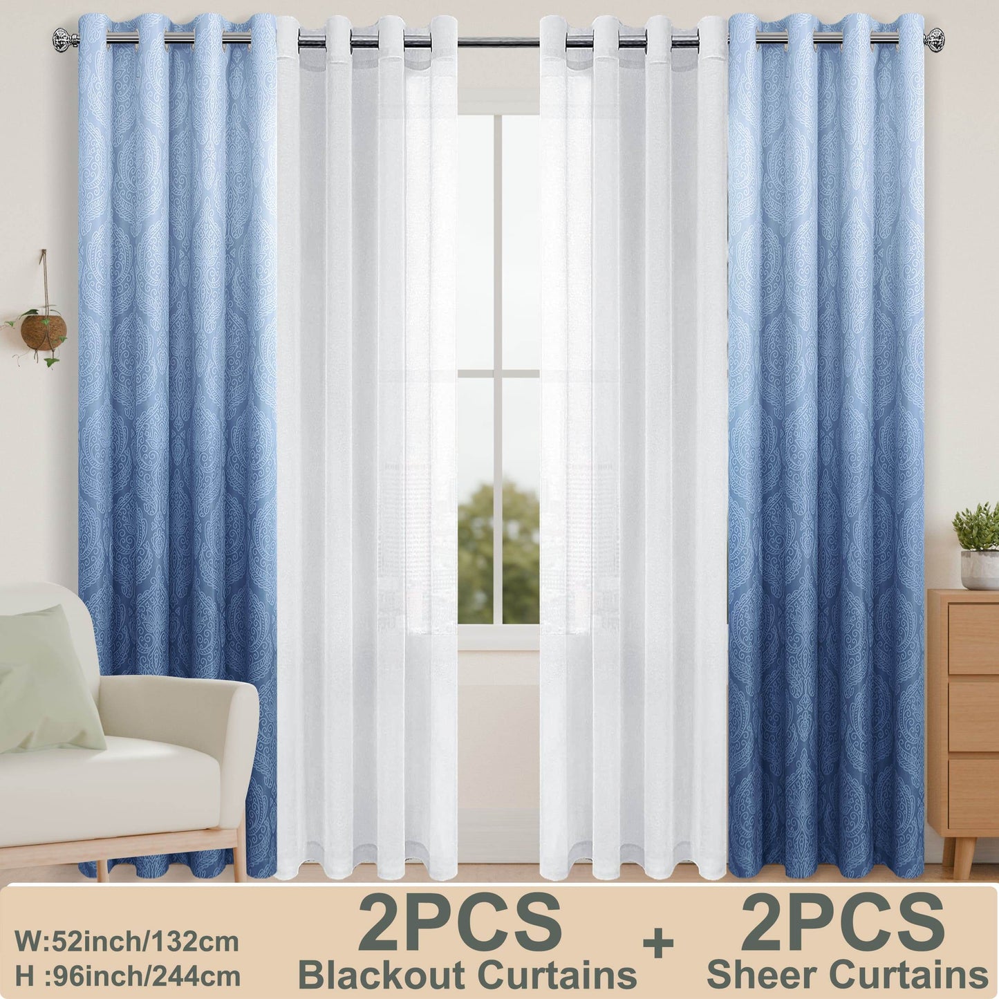 4pcs/SET Curtains - 2pcs Ombre Blackout Curtains And 2pcs Semi Sheer Curtains - Loft&Timber