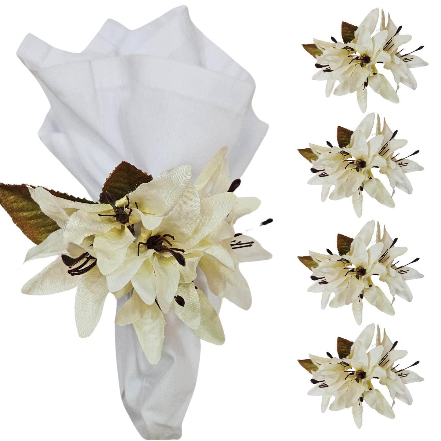 Maison Charlo Set of 4 Off White Lilies Charm Flower Napkin Rings - Loft&Timber