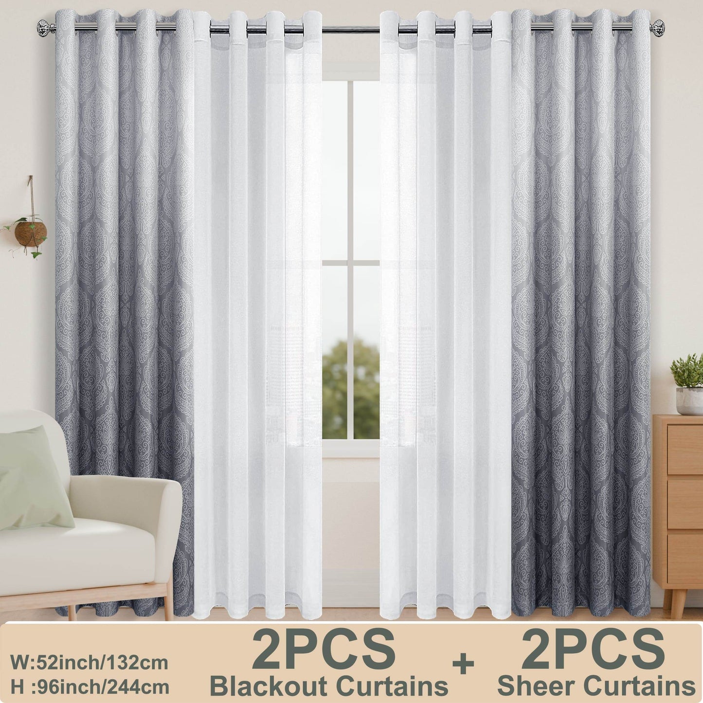 4pcs/SET Curtains - 2pcs Ombre Blackout Curtains And 2pcs Semi Sheer Curtains - Loft&Timber