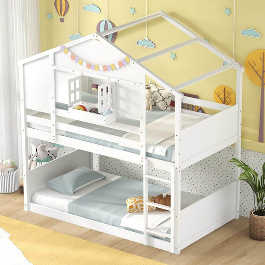 Bunk Bed Twin over Twin, Wood House Bed for Kids with Roof, Window Door, Storage Box, Safety Guardrails, Wood Slats & Ladder, Floor Bunk Bed for Junior Boys Girls, No Box Spring Needed, White - Loft&Timber