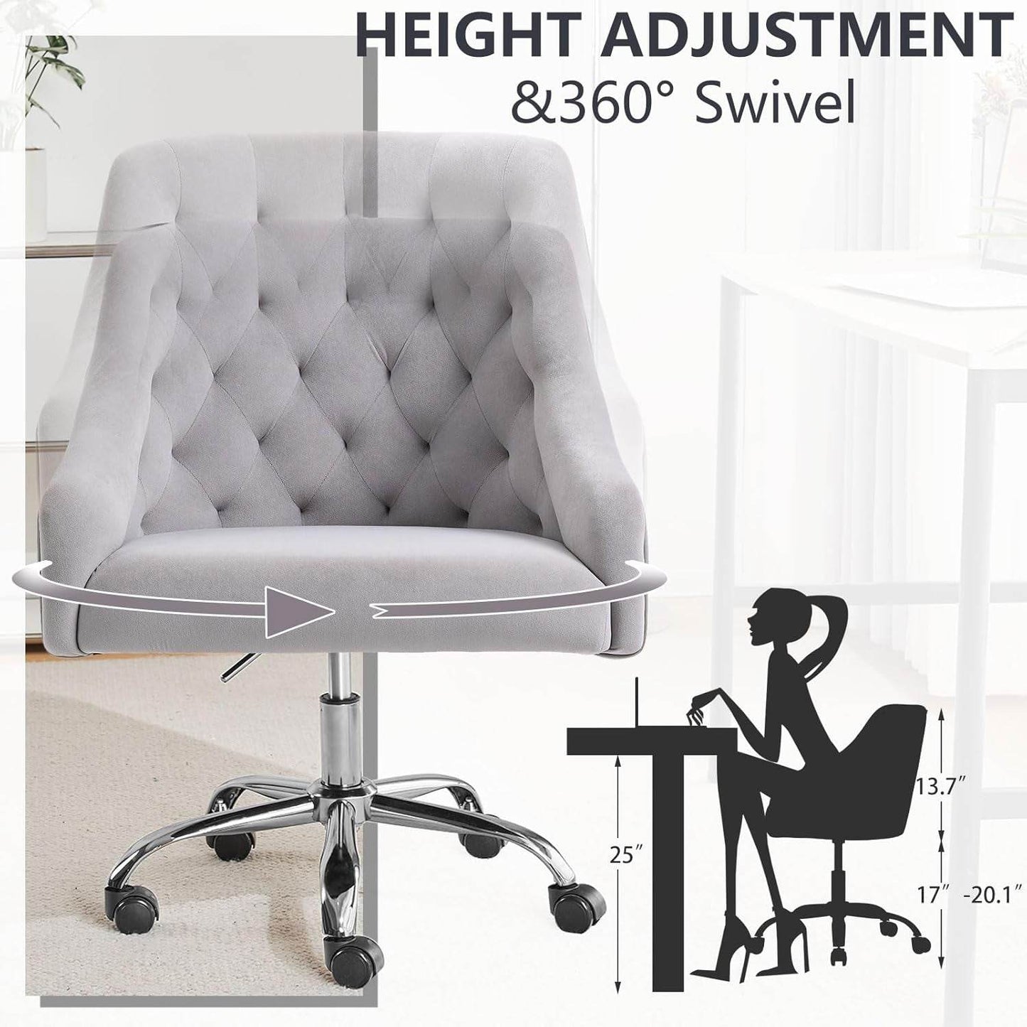 Velvet Office Swivel Chair, Vanity Chair, Fabric Desk Chair, Pretty Fancy Chair, Gold Office Chair for Girls, 360°Swivel Height Adjustable Reception Chair (Grey) - Loft&Timber