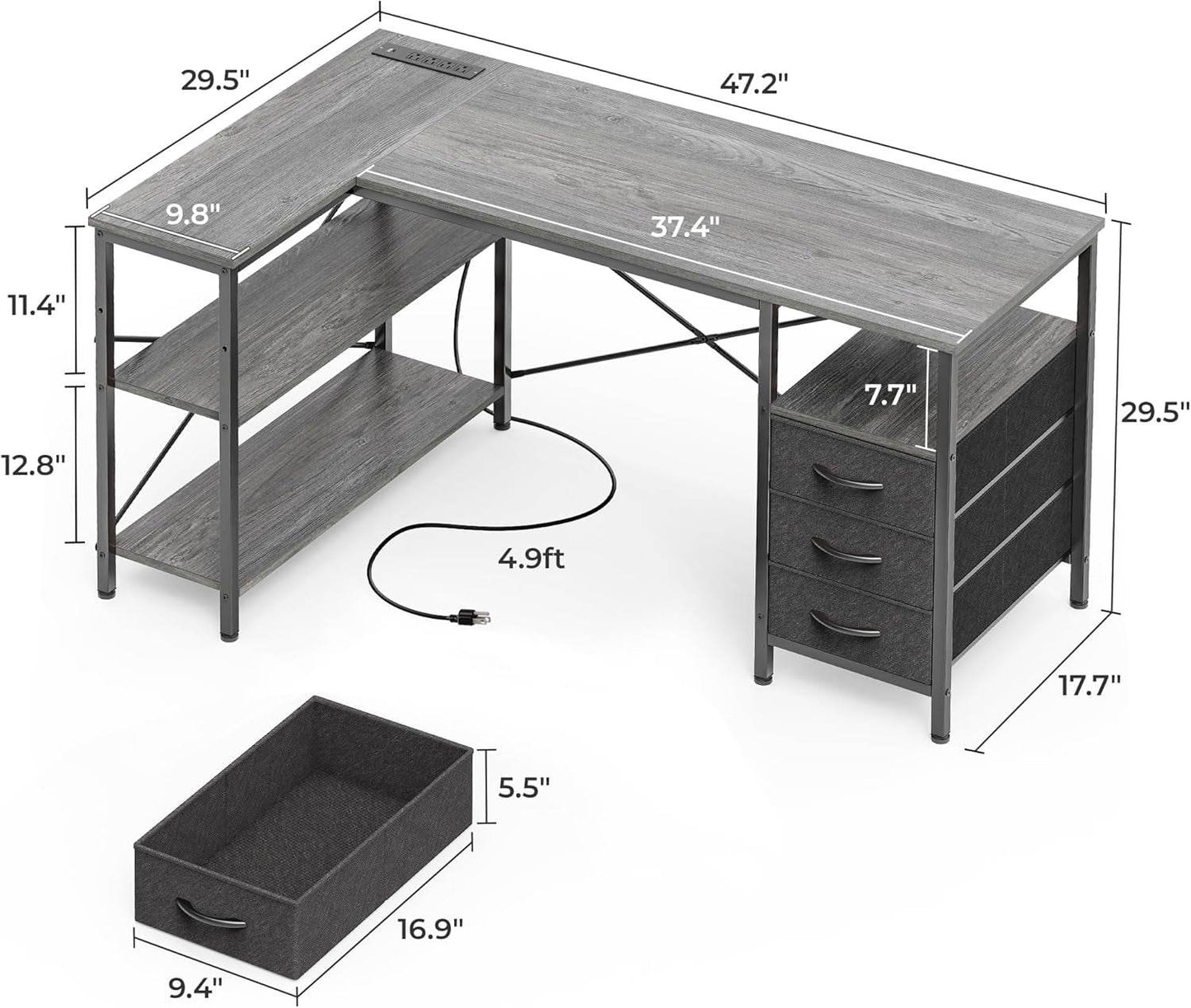 L Shaped Desk with Power Outlets in Gray - Loft&Timber
