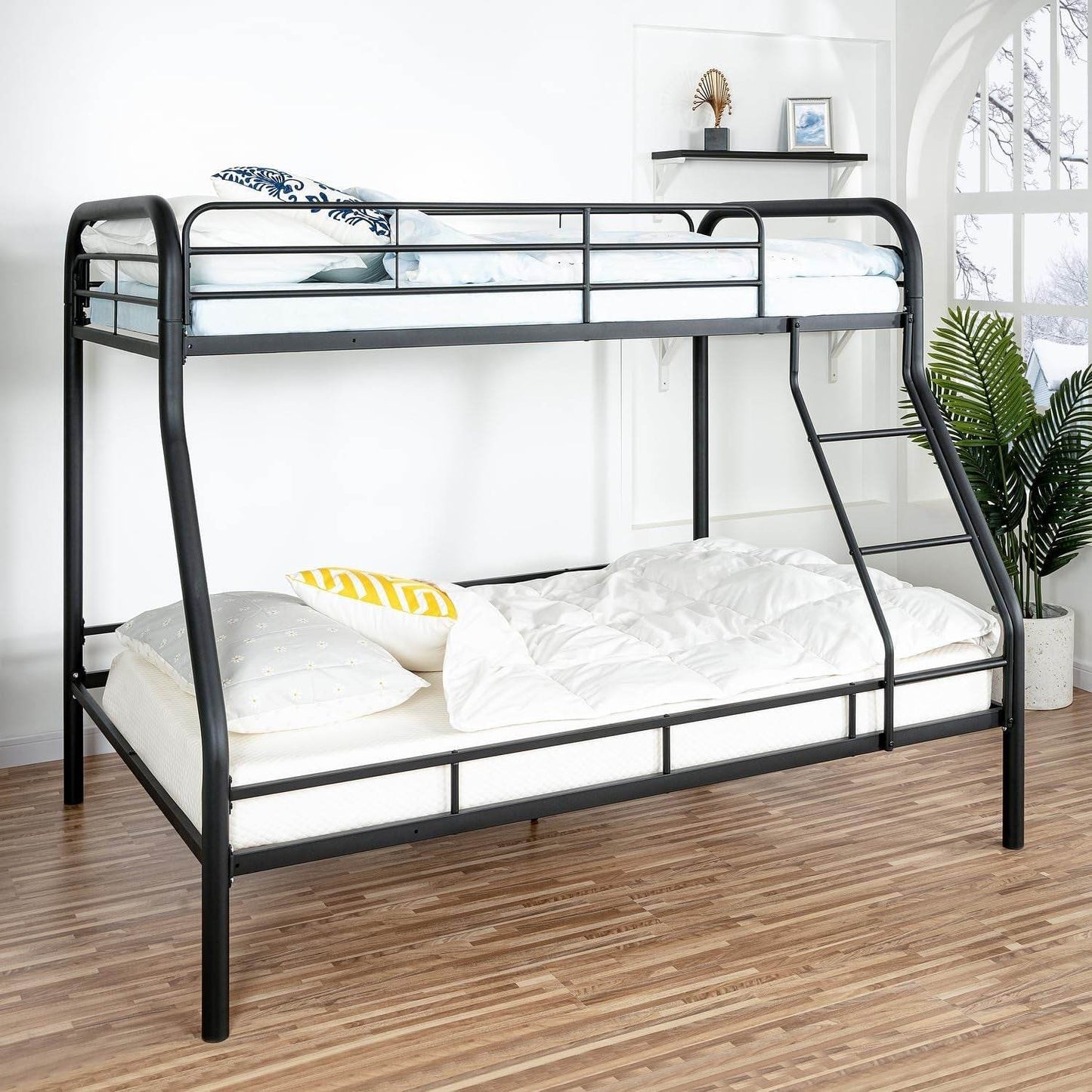 Hollywood Bunk Beds Twin over Full Size, Heavy Duty Metal Bunk Bed with Safety Guardrails, Angled Ladder, Underbed Storage, 800Lbs Capacity - for Kids and Teens, Twin over Full Bunk Bed, Black - Loft&Timber