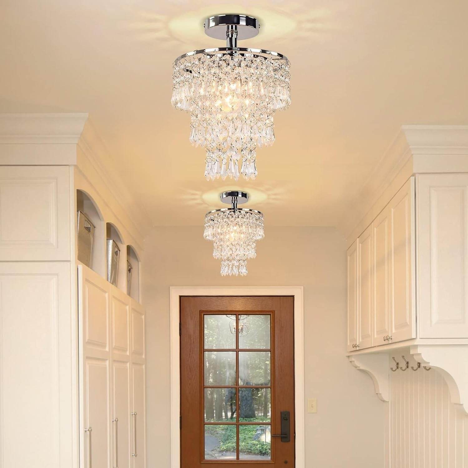 Small Crystal Chandelier Led Crystal Ceiling Lights 3 Tiers Crystal Raindrops Chandelier Pendant Lighting Fixture Decoration for Bedroom Hallway Living Room,Chrome,E26 - Loft&Timber
