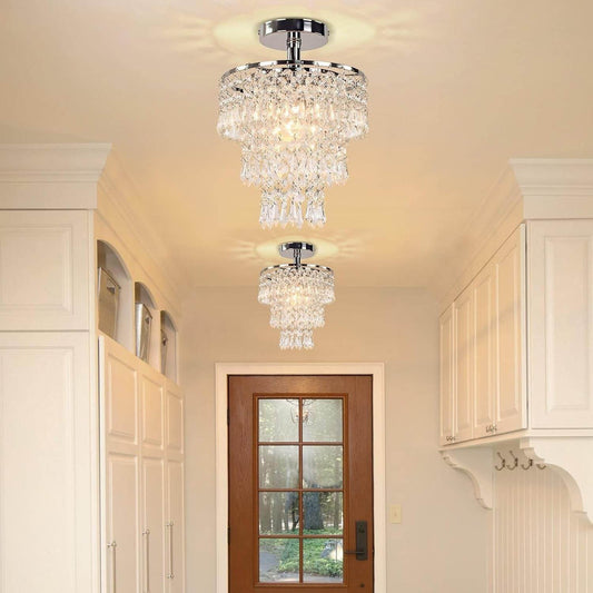 Small Crystal Chandelier Led Crystal Ceiling Lights 3 Tiers Crystal Raindrops Chandelier Pendant Lighting Fixture Decoration for Bedroom Hallway Living Room,Chrome,E26 - Loft&Timber