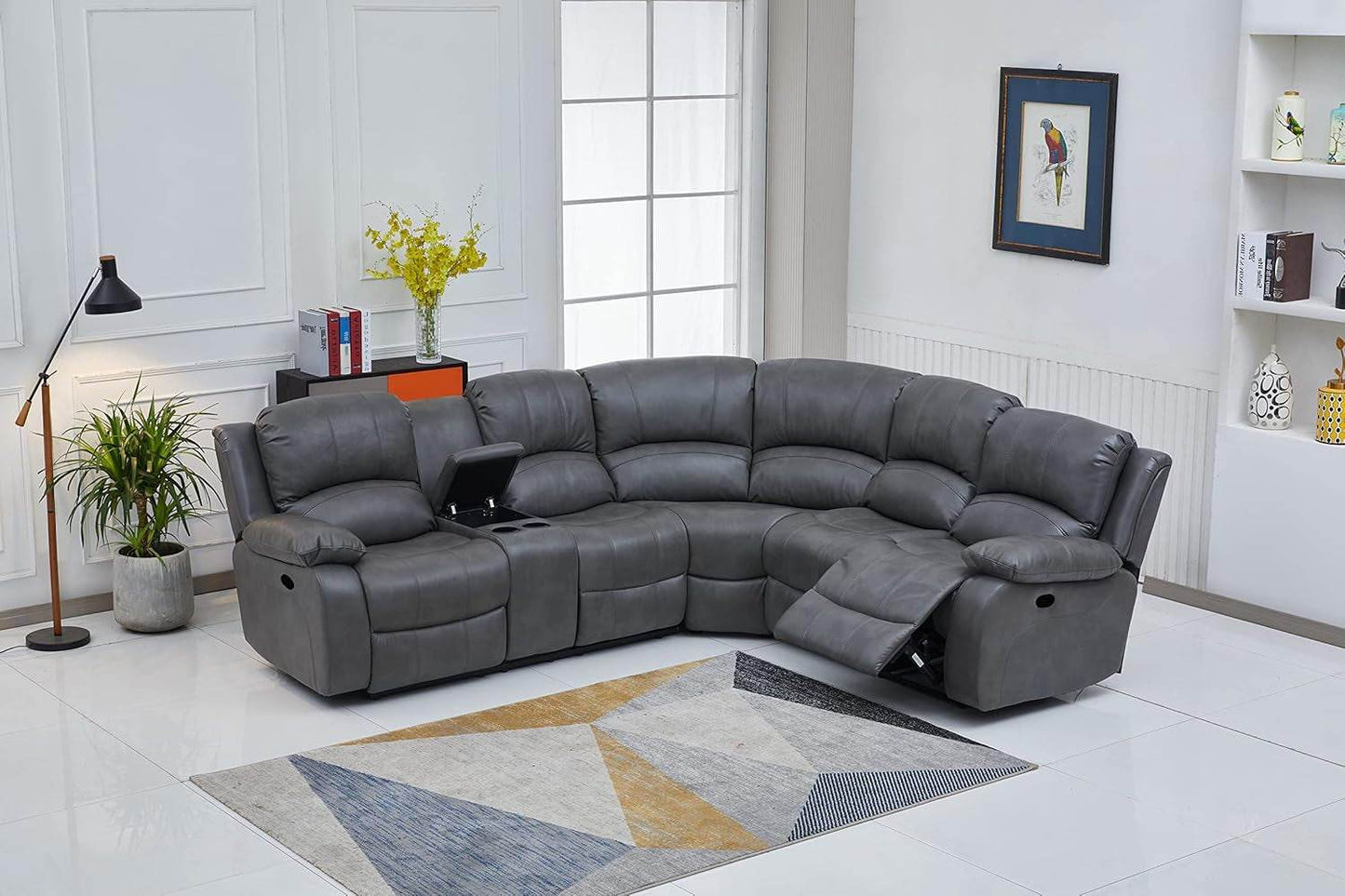 Bonded Leather Sectional Sofa 3 Recliners, Gray - Loft&Timber