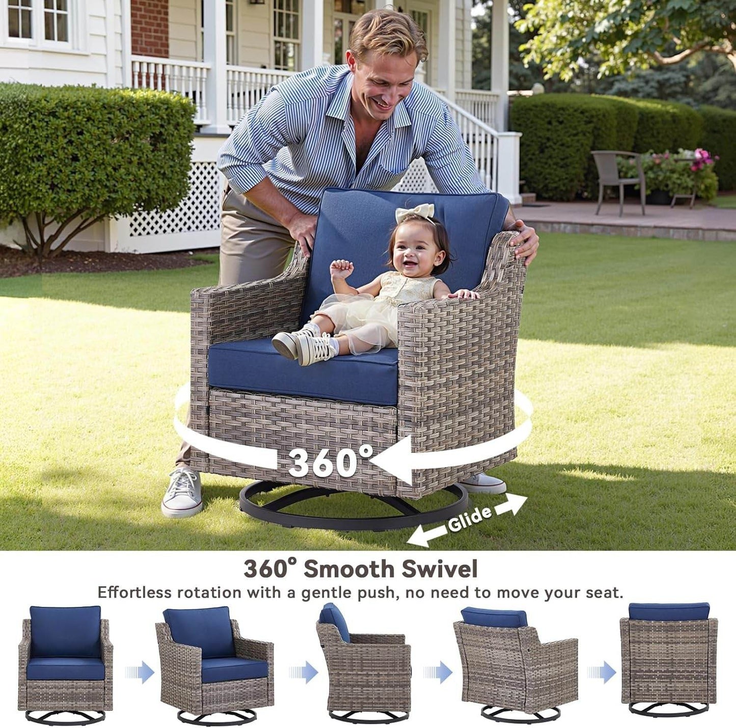 Outdoor Patio Furniture Set-5 Pieces All-Weather Wicker Outdoor Furniture with Swivel Patio Chairs Outdoor Patio Conversation Sets for Garden Porch Deck Grey/Blue - Loft&Timber