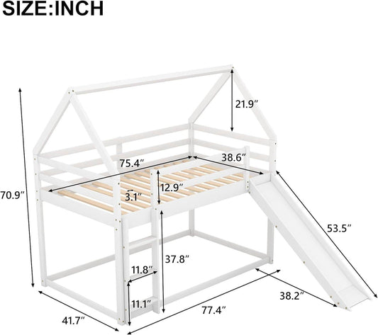 Twin over Twin House Bunk Bed with Slide,Floor Bunk Beds with Ladder for Kids,Solid Wood Twin Size Low Bunk Bed for Girls Boys - Loft&Timber