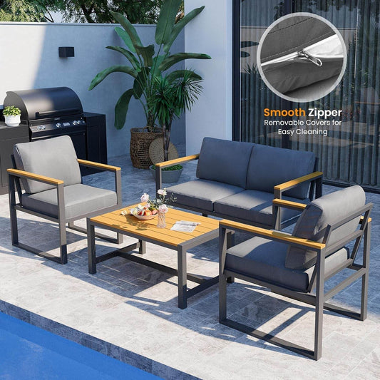 4 Pieces Outdoor Patio Furniture Set, Modern Metal Balcony Furniture with Plastic-Wood Coffee Table, All-Weather Outdoor Furniture Set with Thick Cushion for Balcony, Porch, Gray - Loft&Timber