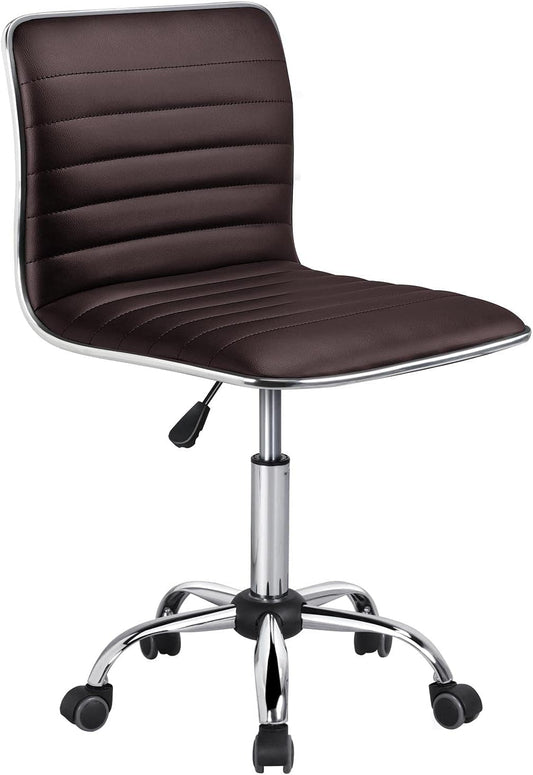 Task Chair Armless Office Chair PU Leather Ribbered Modern Desk Chair Adjustable Low-Back Swivel Chair W/Rolling Wheels Accent Comfy Working Chair Makeup Chair, Brown-0