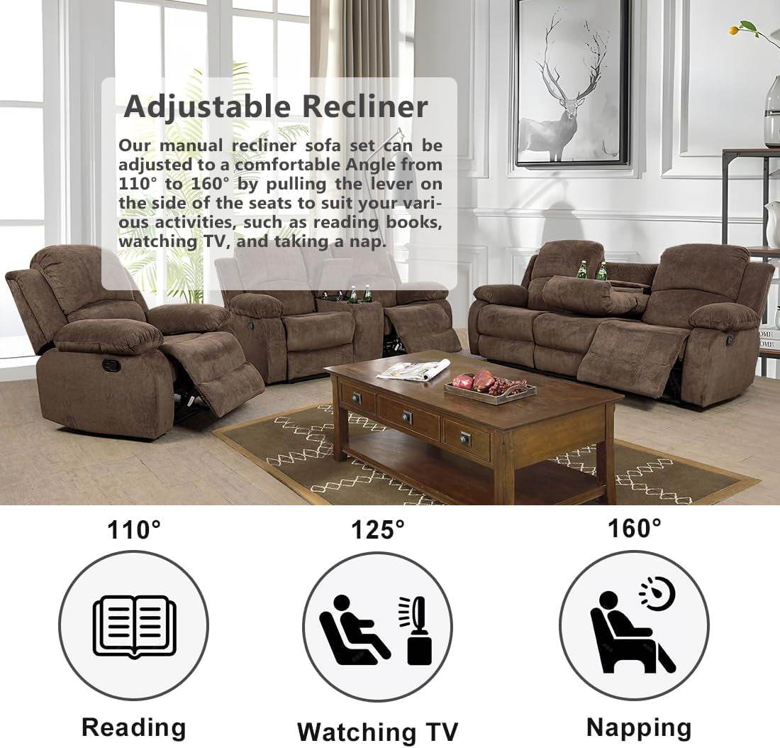 3 Seater Reclining Sofa Couch Living Room Furniture Fabric Manual Recliner Sofa Modern Corduroy Reclining Sofa with Cup Holders & Drop-Down Table for Home/Office (Chocolate, 3 Seater Sofa) - Loft&Timber