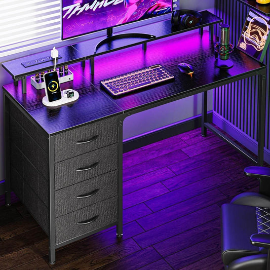47 Inch Computer Desk with Power Outlets and LED Lights in Black - Loft&Timber