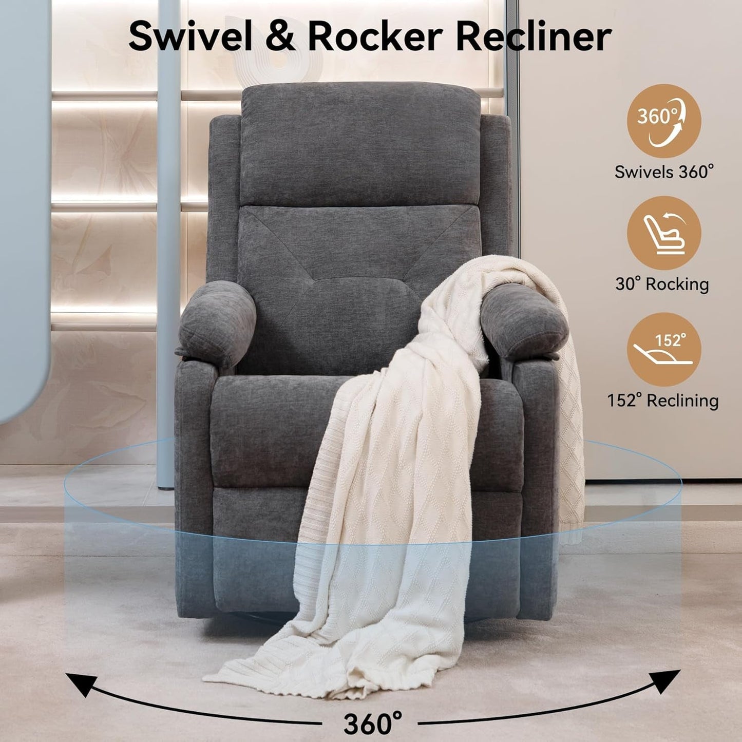 Grey Swivel Rocker Recliner Chair With Adjustable Backrest-4