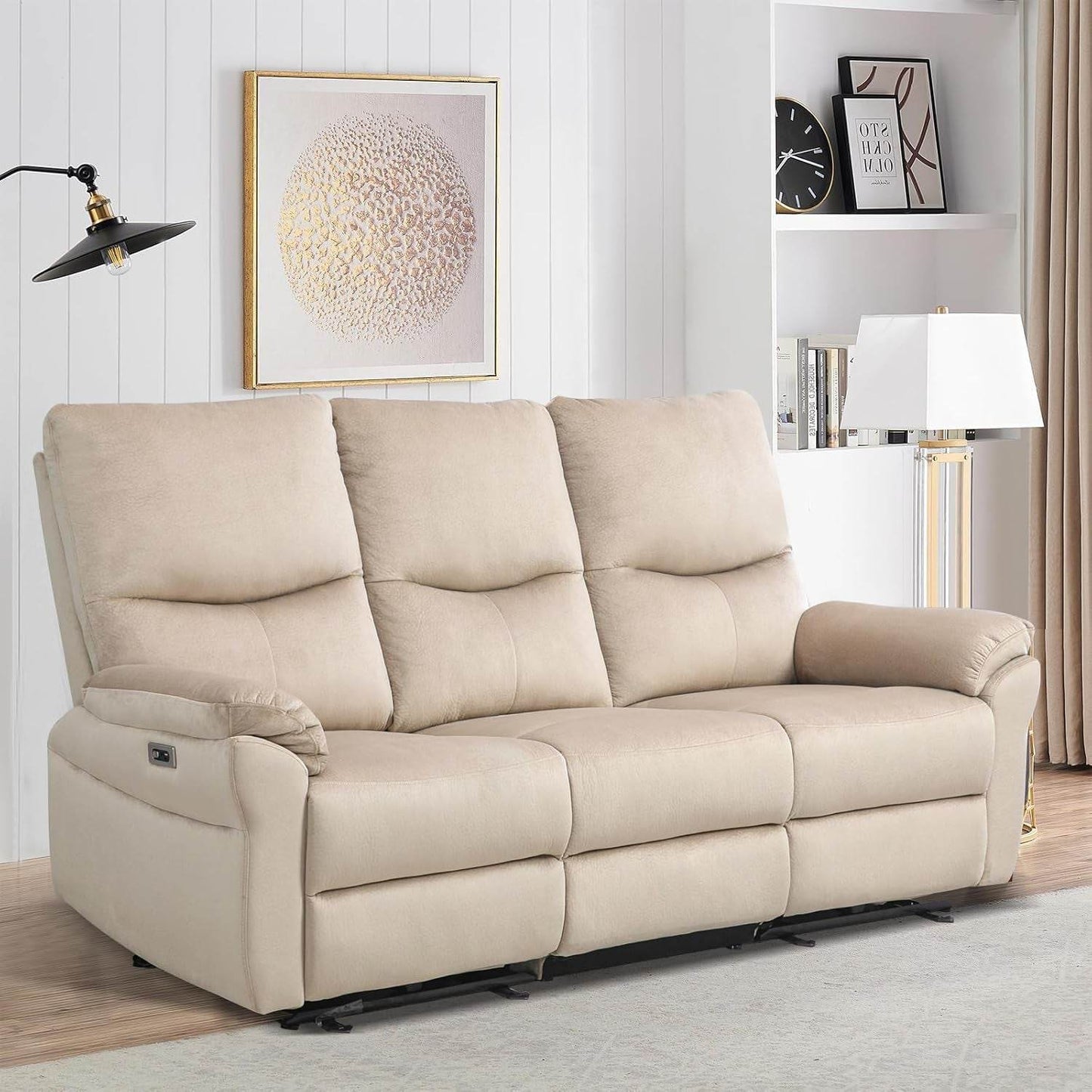 Reclining Sofa, Power Reclining Sofa with Drop down Table,Cup Holder and USB Port, Modern 3 Seater Loveseat Recliner Sofa, Wall Hugger Sofa Recliner for Living Room/Rv (Beige) - Loft&Timber