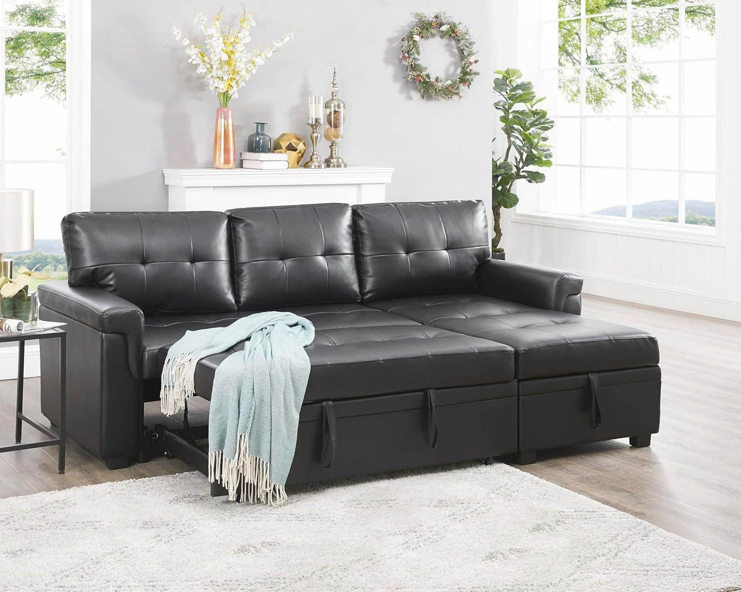 Jenny Sectional Sofa Sleeper with Storage Chaise, Tufted Pull Out Couch with Storage, Sectional Bed, L-Shaped Reversible Sleeper Sofa, Black,Air Leather - Loft&Timber
