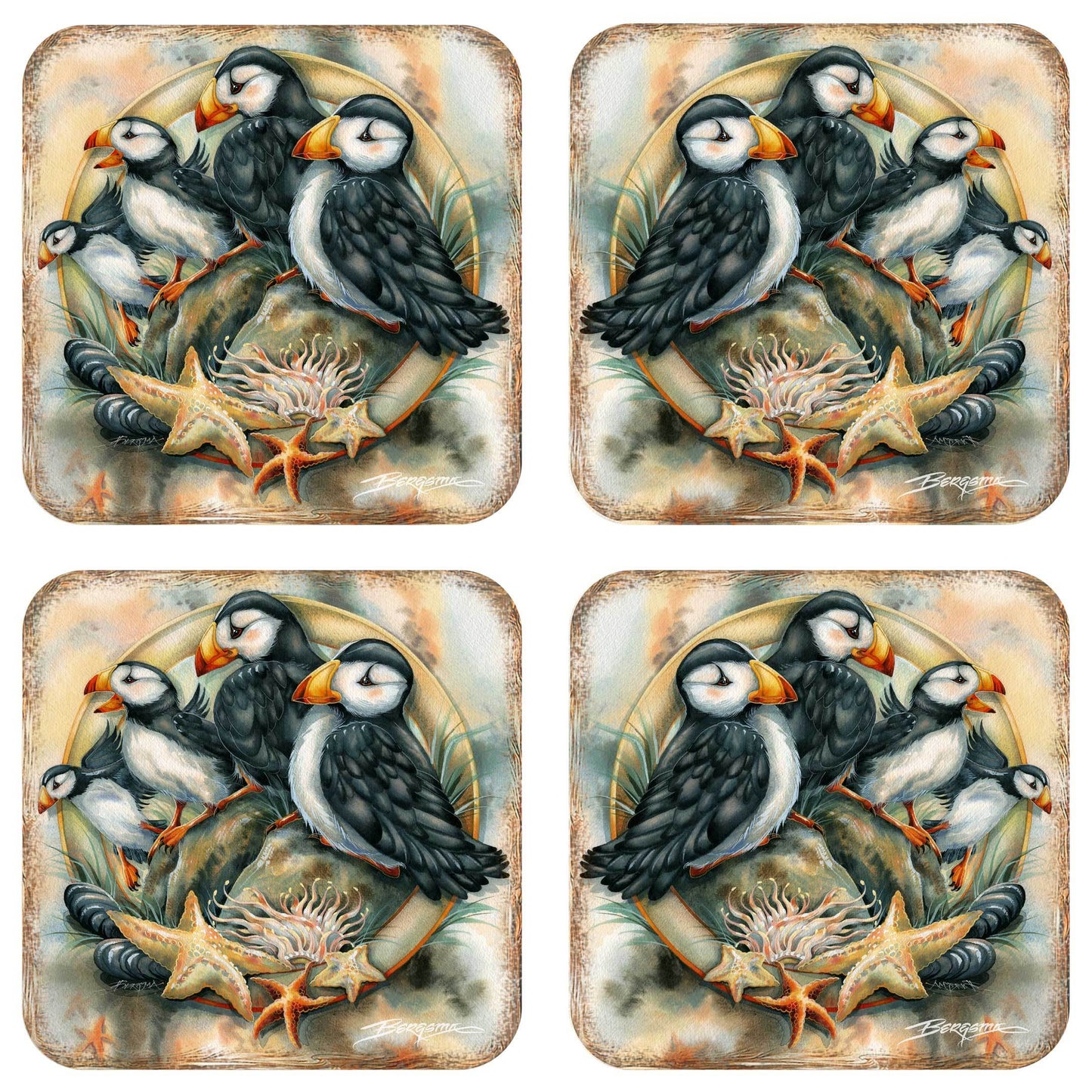 Puffins Wooden Cork Coasters Gift Set of 4 by J. Bergsma - Wildlife Decor - 8199462C-S4 - Loft&Timber