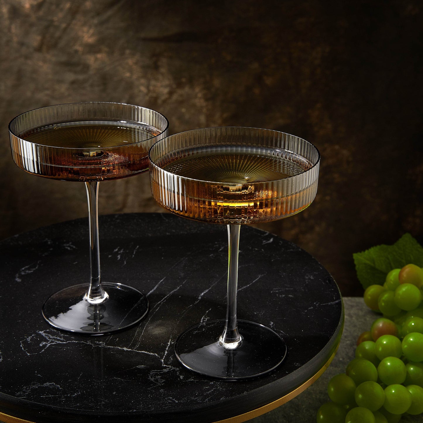 Ribbed Coupe Cocktail Glasses 8 oz | Set of 2 | Classic Manhattan Glasses For Cocktails, Champagne Coupe, Ripple Coupe Glasses, Art Deco Gatsby Vintage, Crystal with Stems (Smoke Grey) - Loft&Timber