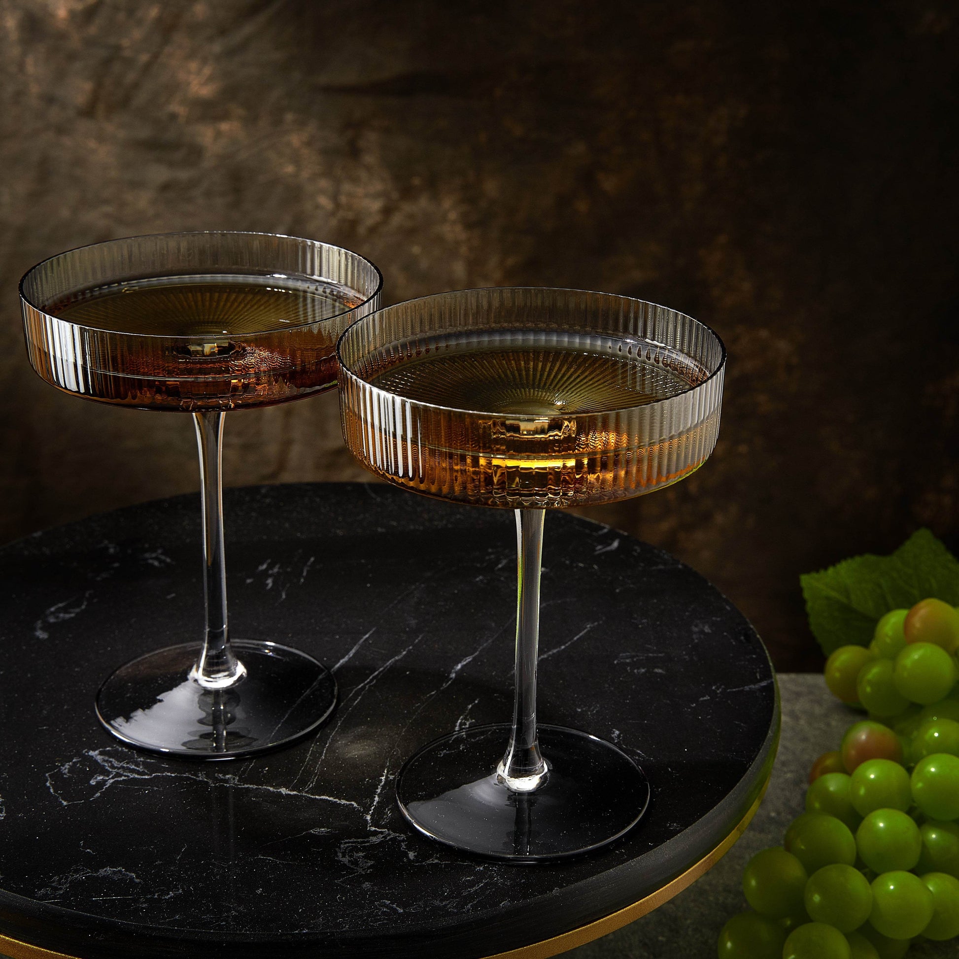 Ribbed Coupe Cocktail Glasses 8 oz | Set of 2 | Classic Manhattan Glasses For Cocktails, Champagne Coupe, Ripple Coupe Glasses, Art Deco Gatsby Vintage, Crystal with Stems (Smoke Grey) - Loft&Timber