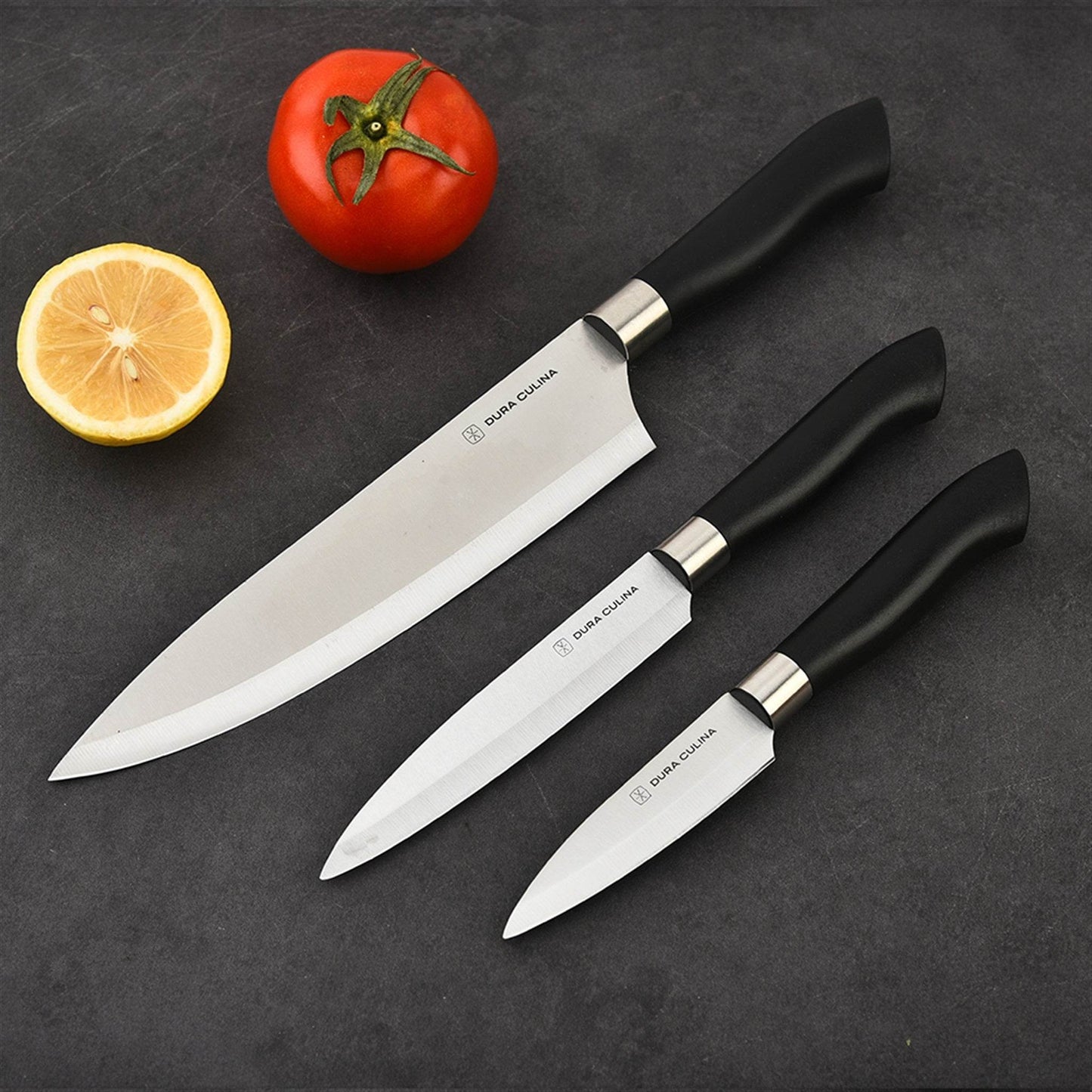 3 Piece Kitchen Knife Set with Matching Blade Guards, Black - Loft&Timber
