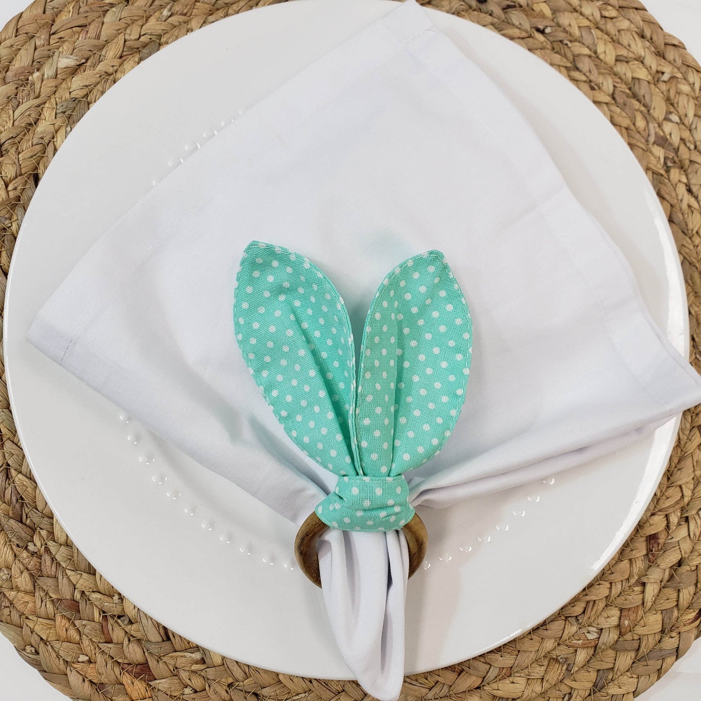 Maison Charlo | Easter Set of 4 Polka Dot Green Bunny Ears Napkin Rings | Dining Table Decor - Loft&Timber