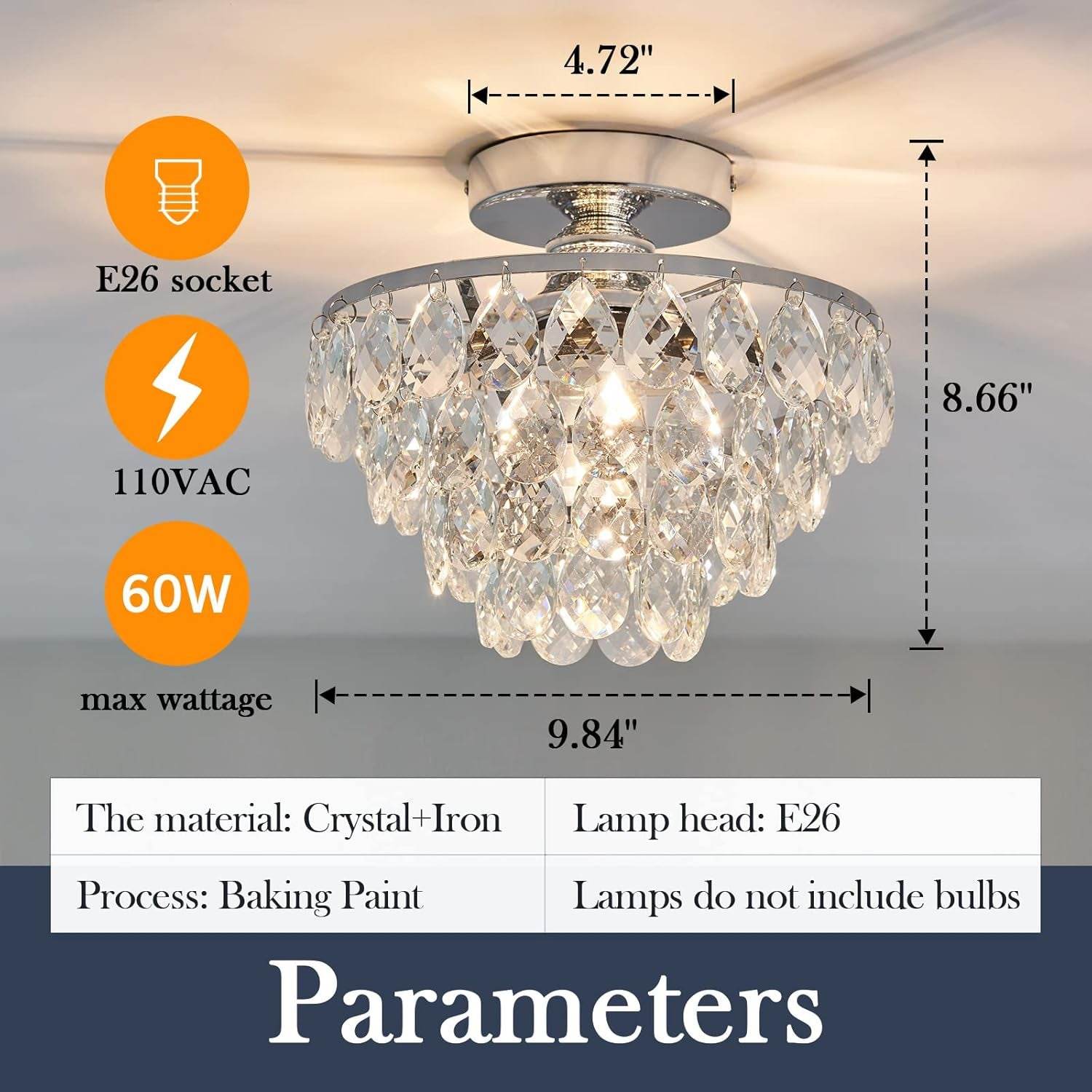 Modern E26 Small Crystal Chandelier Semi Flush Mount Ceiling Light Fixture Silver Ceiling Lamp for Hallway Bedroom Bathroom Closet Bedroom Foyer (Chrome) - Loft&Timber