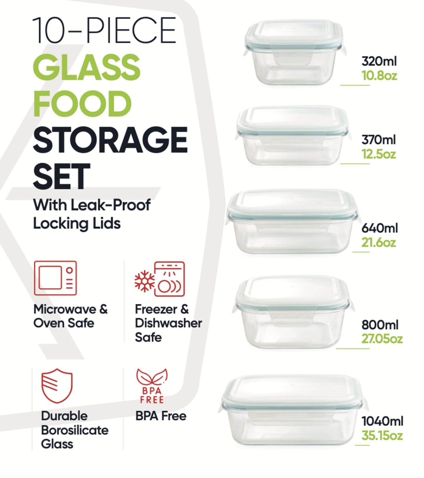 10-Piece Glass Food Storage Containers with Airtight Locking Lids (5 Containers + 5 Lids) - Loft&Timber
