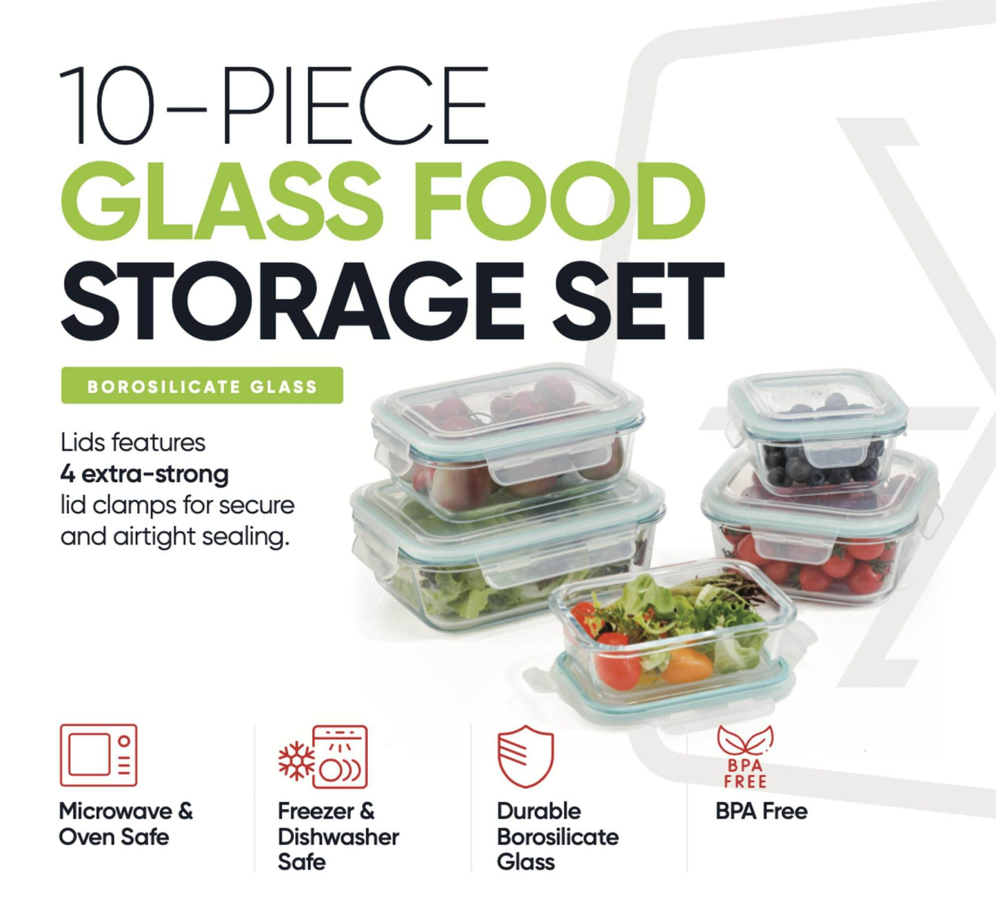 10-Piece Glass Food Storage Containers with Airtight Locking Lids (5 Containers + 5 Lids) - Loft&Timber