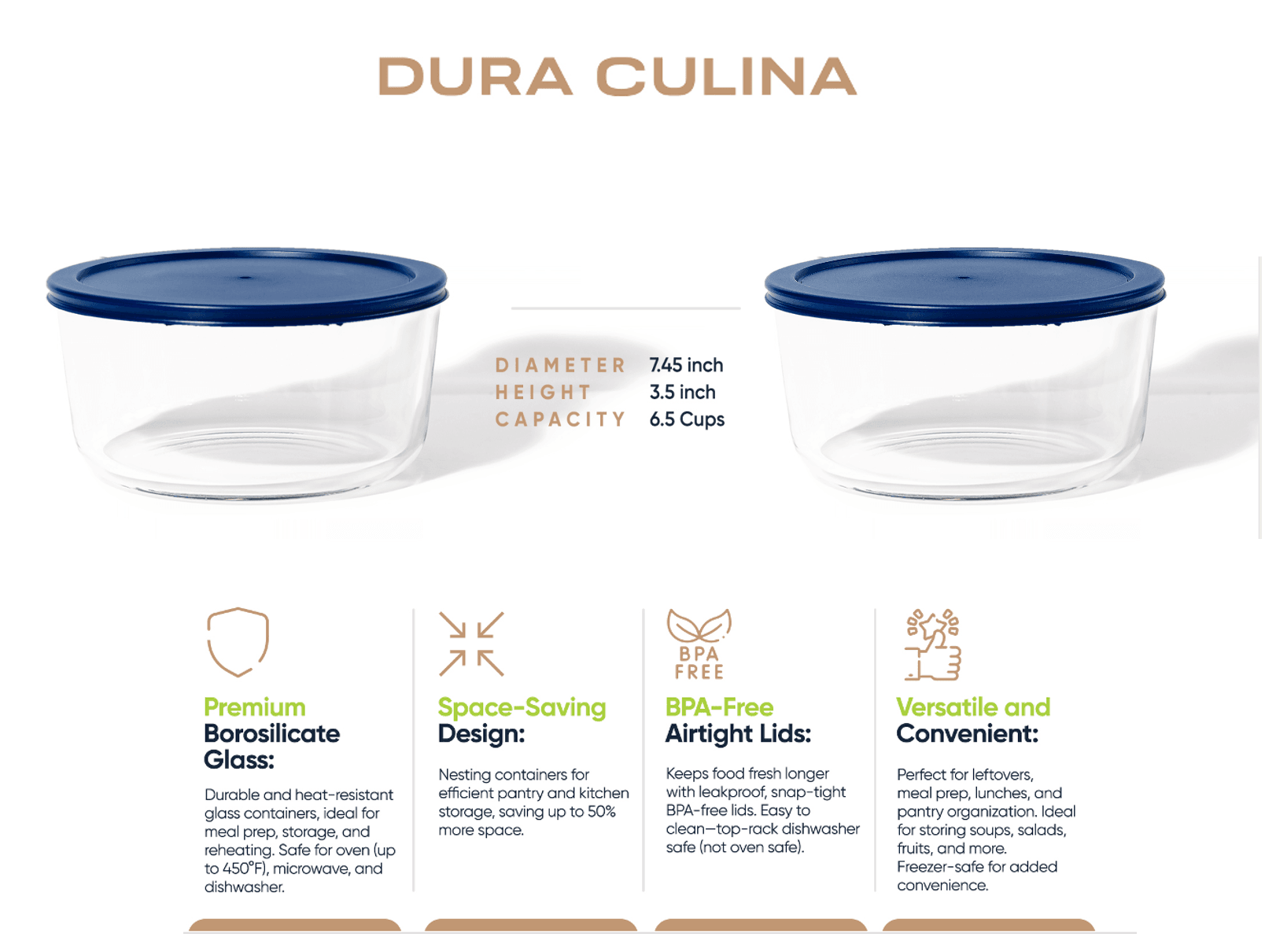 Glass Food Storage Containers - 4 Piece 6.55 Cup (2 Containers + 2 Lids) Set, Blue - Loft&Timber