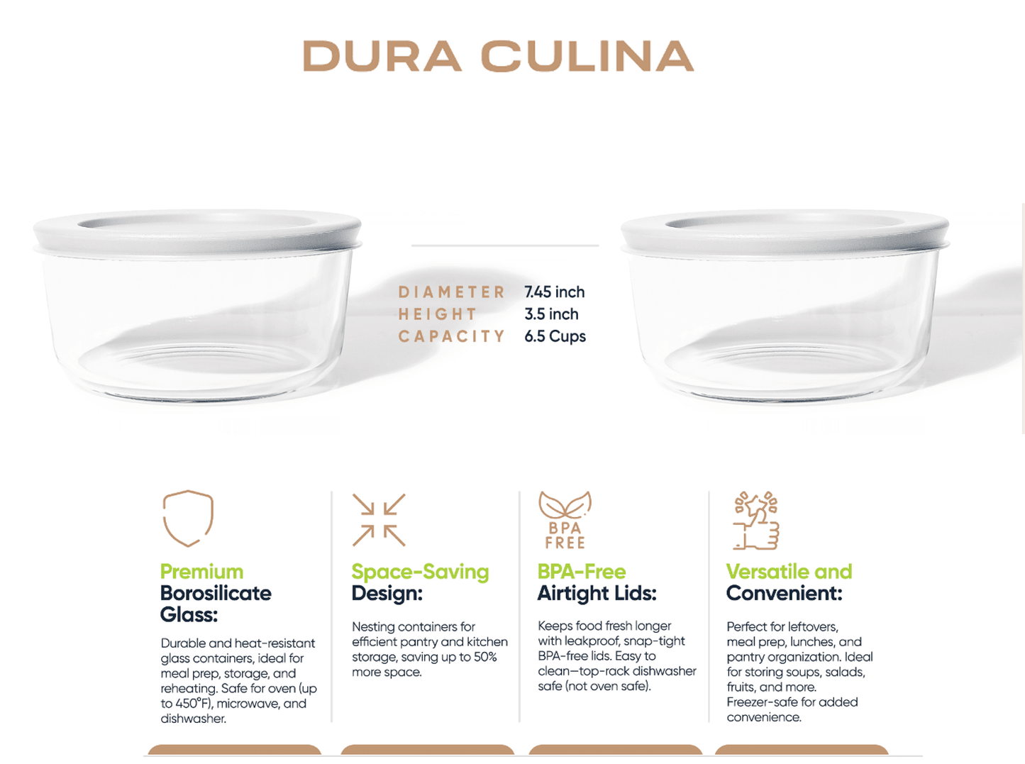 Glass Food Storage Containers - 4 Piece 6.55 Cup (2 Containers + 2 Lids) Set, White - Loft&Timber