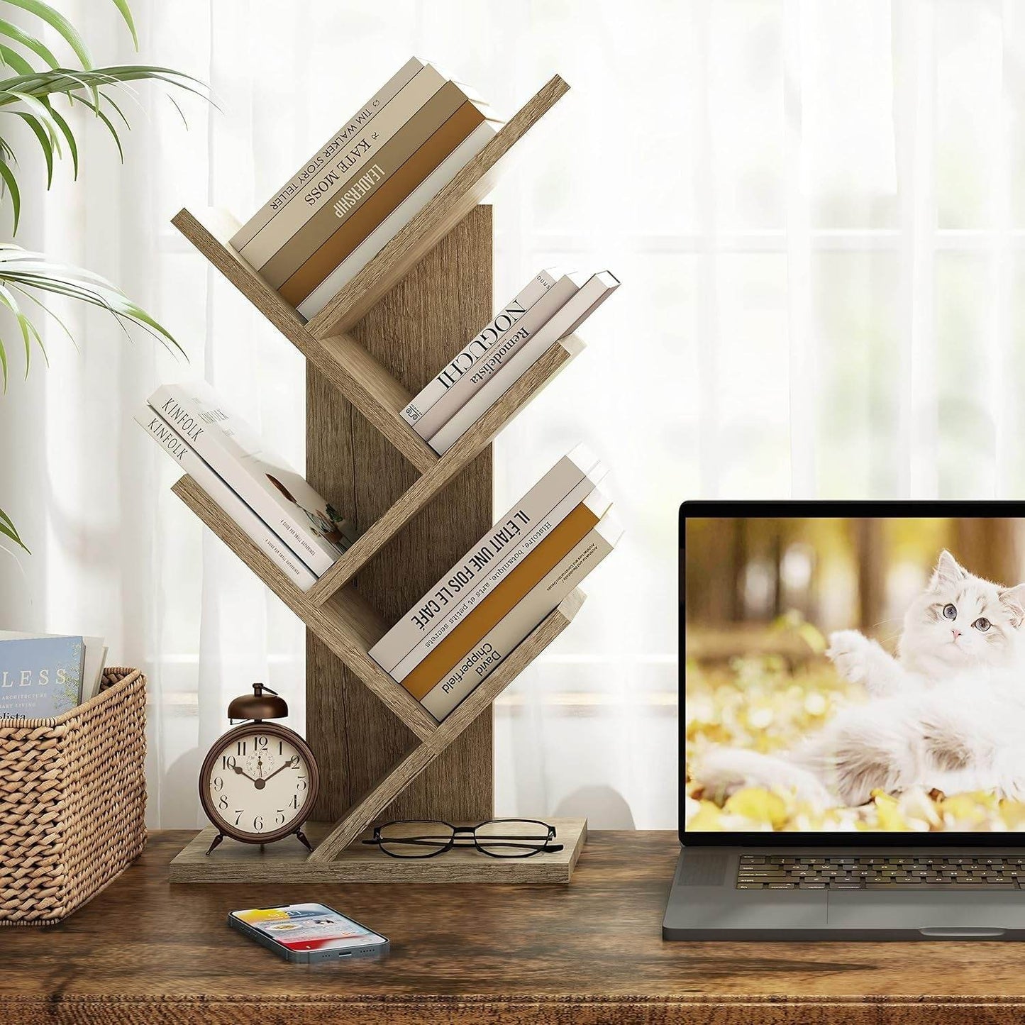 4 Tier Tree Bookshelf, 4 Shelf Bookcase, Modern Book Storage, Free Standing Tree Bookcase, Utility Organizer Shelves for Home Office, Living Room, Bedroom, Greige - Loft&Timber