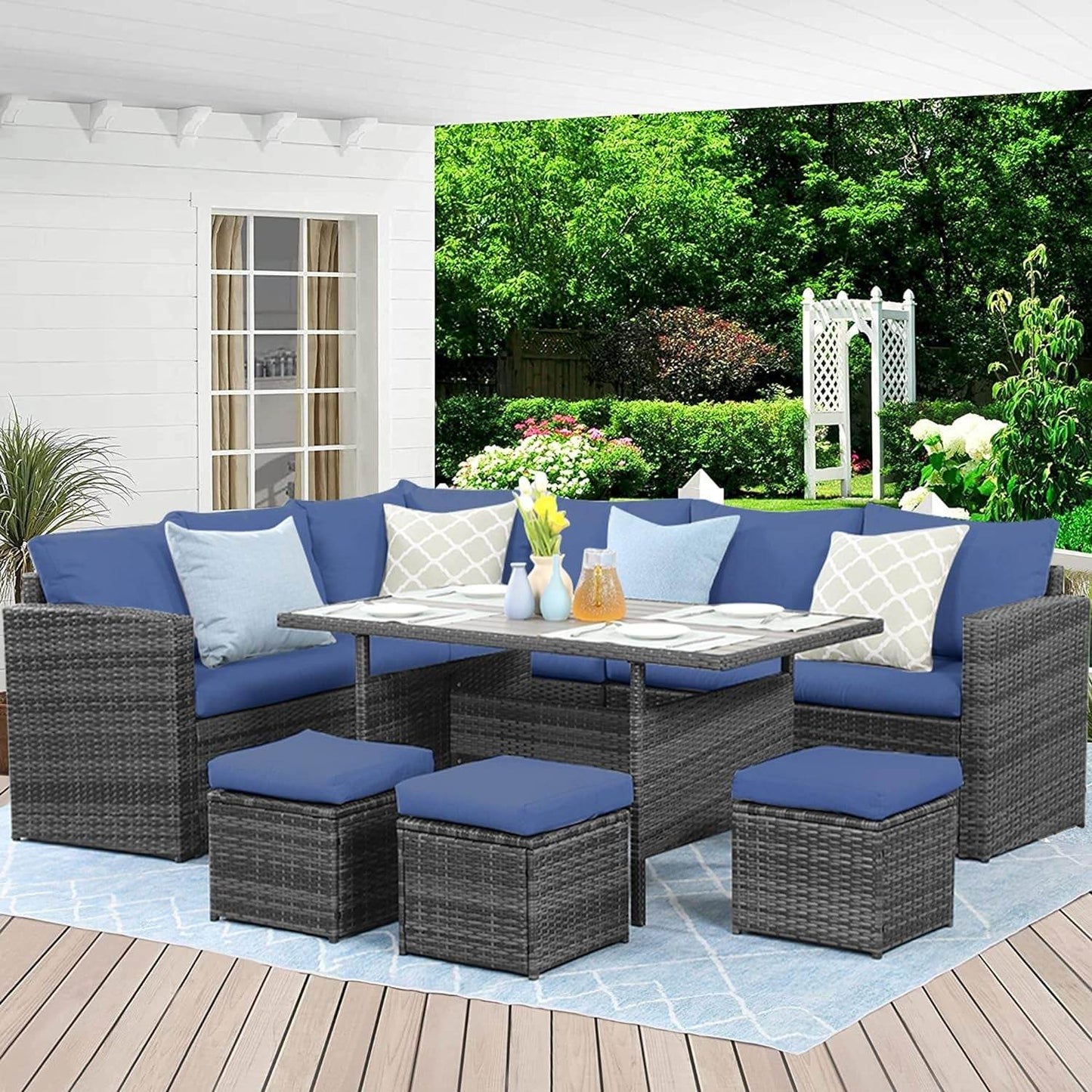 Outdoor Patio Furniture Set, 7 Piece Outdoor Dining Sectional Sofa with Dining Table and Chair, All Weather Wicker Conversation Set with Ottoman,Blue - Loft&Timber