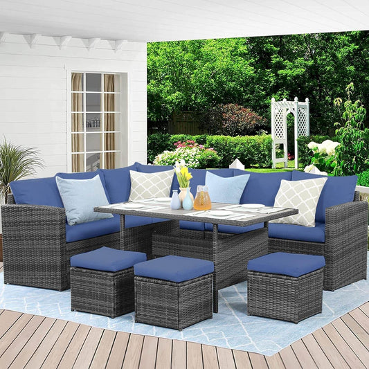 Outdoor Patio Furniture Set, 7 Piece Outdoor Dining Sectional Sofa with Dining Table and Chair, All Weather Wicker Conversation Set with Ottoman,Blue - Loft&Timber