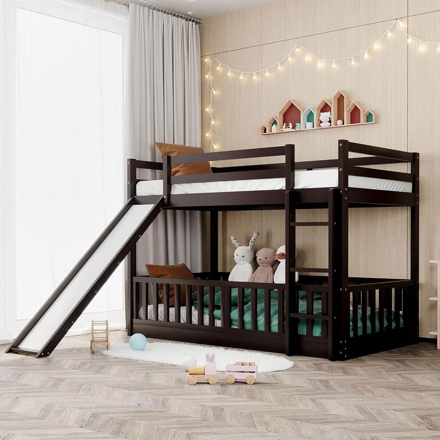 Twin over Twin Floor Bunk Bed with Slide and Ladder, Low Bunk Bed for Kids, Girls, Boys, Removable Fence, Bunk Bed with Slide, Espresso - Loft&Timber