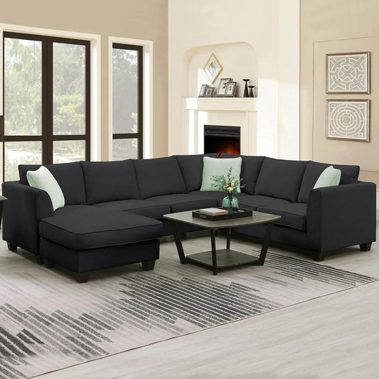 Large U Shaped Sectional Sofa with Removable Ottoman in Black - Loft&Timber