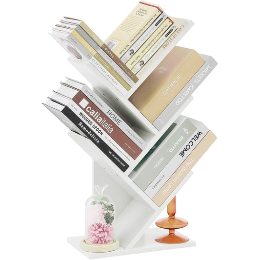 4 Tier Tree Bookshelf, Small Bookcase, Free Standing Tree Bookcase, Bookshelf for Bedroom, Book Shelf Organizer, Small Bookshelf, White-0