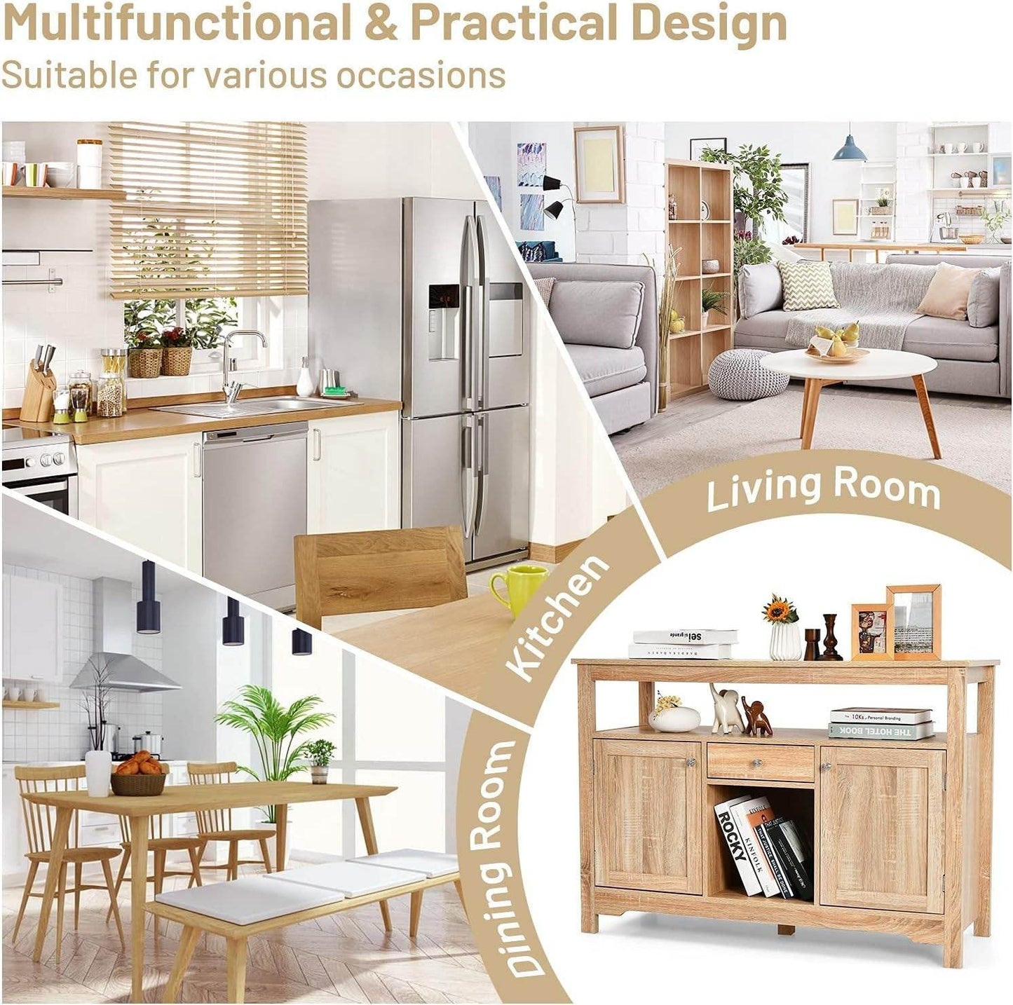 Natural Wood Dining Table Buffet Server Sideboard with Wine Storage - Loft&Timber