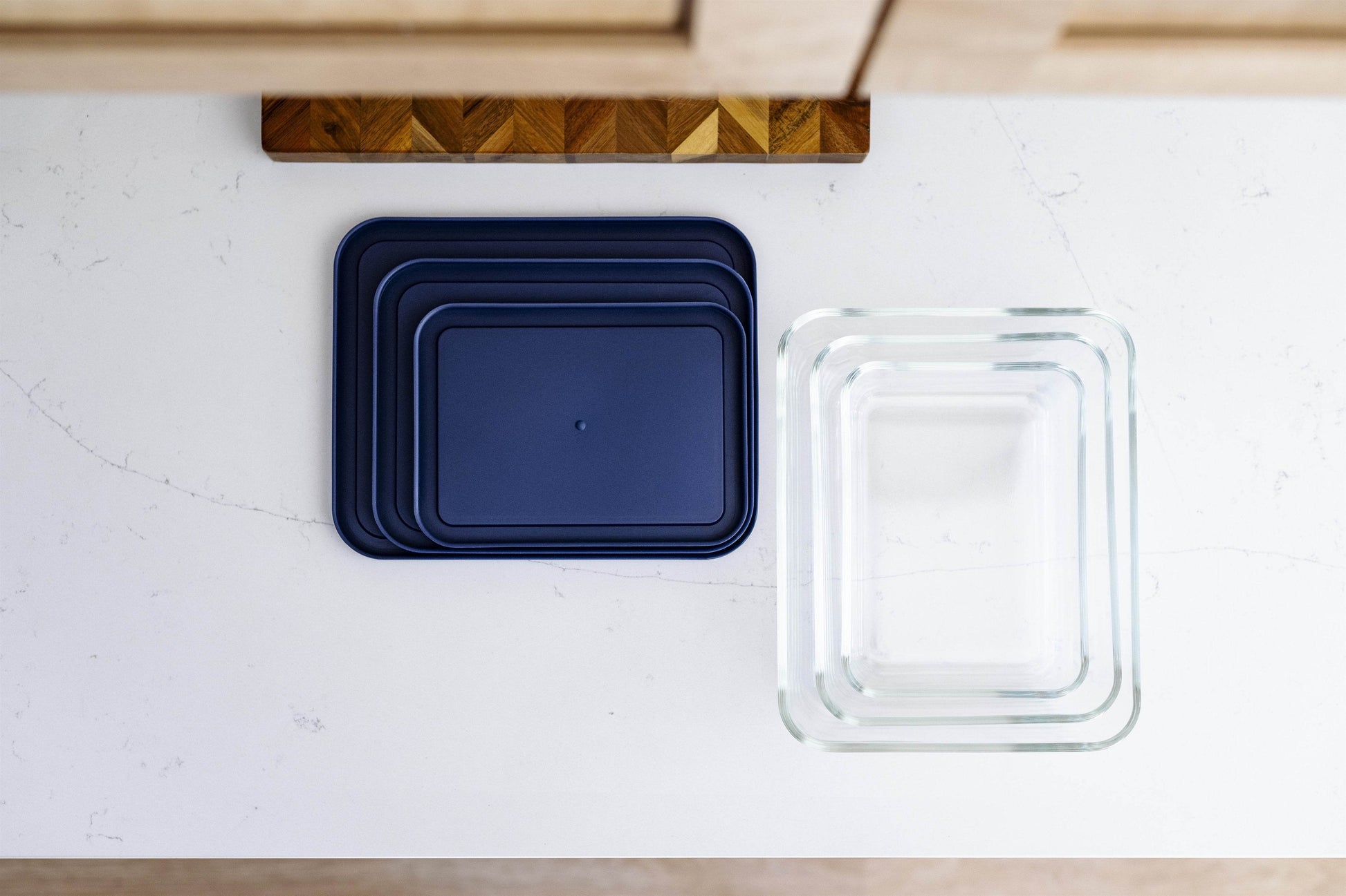 Glass Food Storage Containers - 6 Piece (3 Containers + 3 Lids) Rectangular Nesting Space-Saving Set - Loft&Timber
