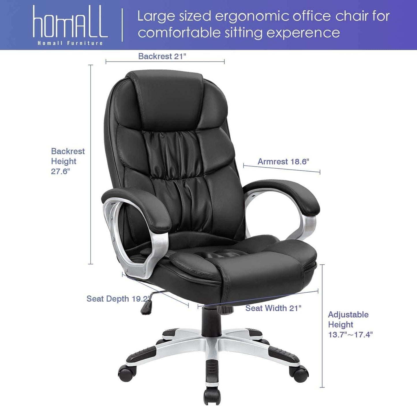 High Back Computer Desk Chair with Padded Armrests and Lumbar Support (Black) - Loft&Timber
