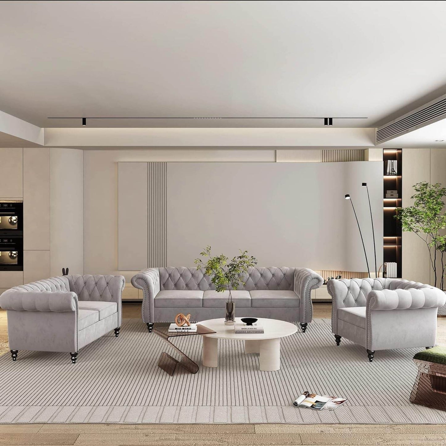 3-Piece Living Room Sectional Sofa Set, Upholstered Sofa Modern Sofa Couches Set Style Button Tufted, Velvet Chesterfield Sofa for Living Room Apartment, 1+2+3 Seat Grey - Loft&Timber