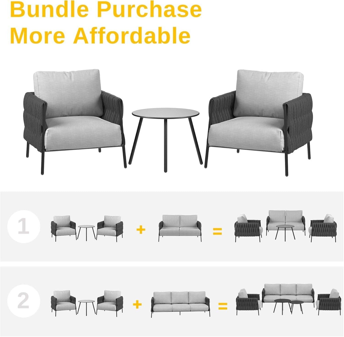 3 Pieces Patio Furniture Set, Armchairs with Coffee Table, Outdoor Furniture Set with Cushion, Modern Outdoor Furniture Deep Seating for Outdoor Garden Porch, Earth Black & Misty Grey - Loft&Timber